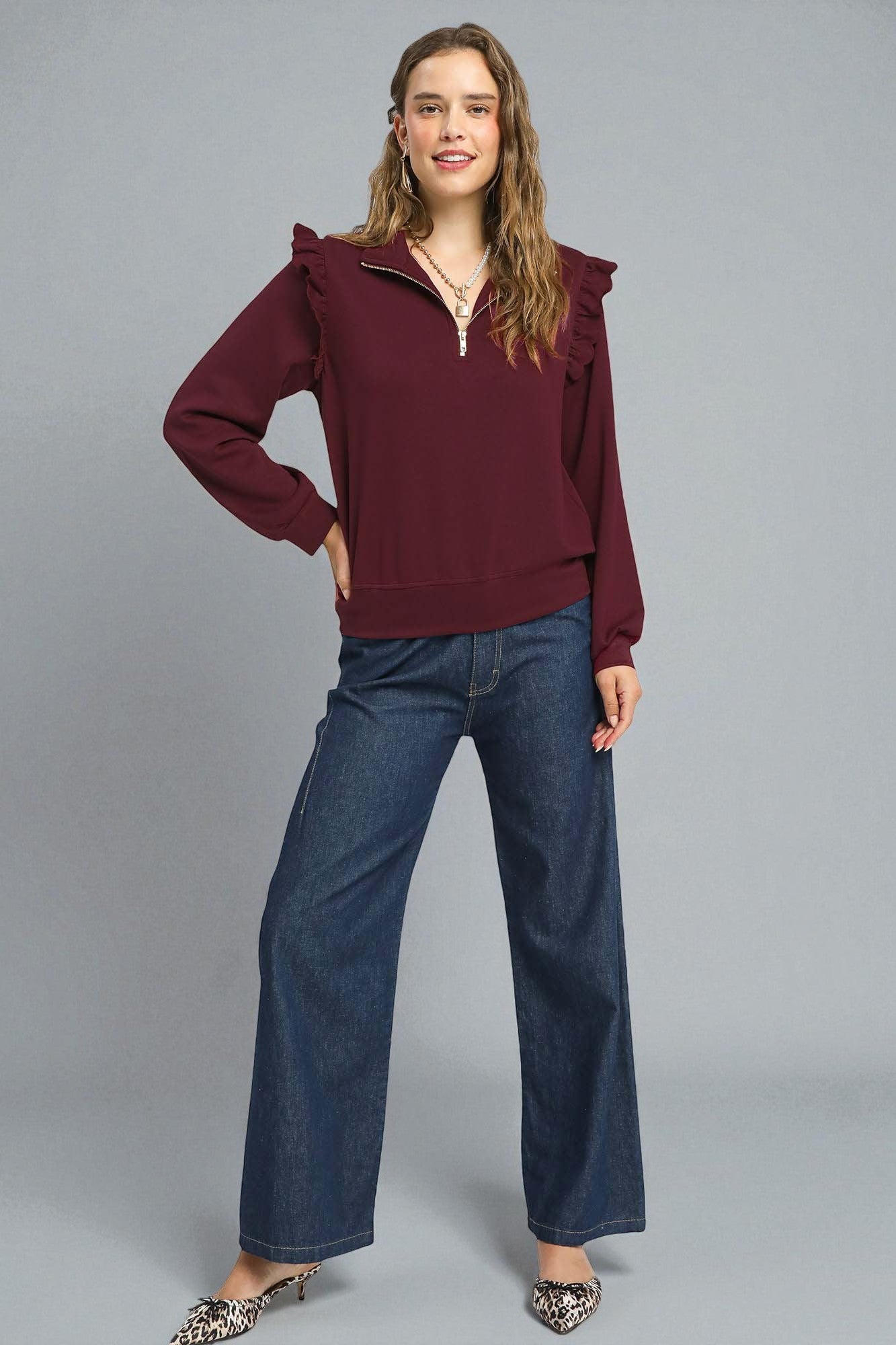 Wine Ruffle Shoulder Half Zip Pullover