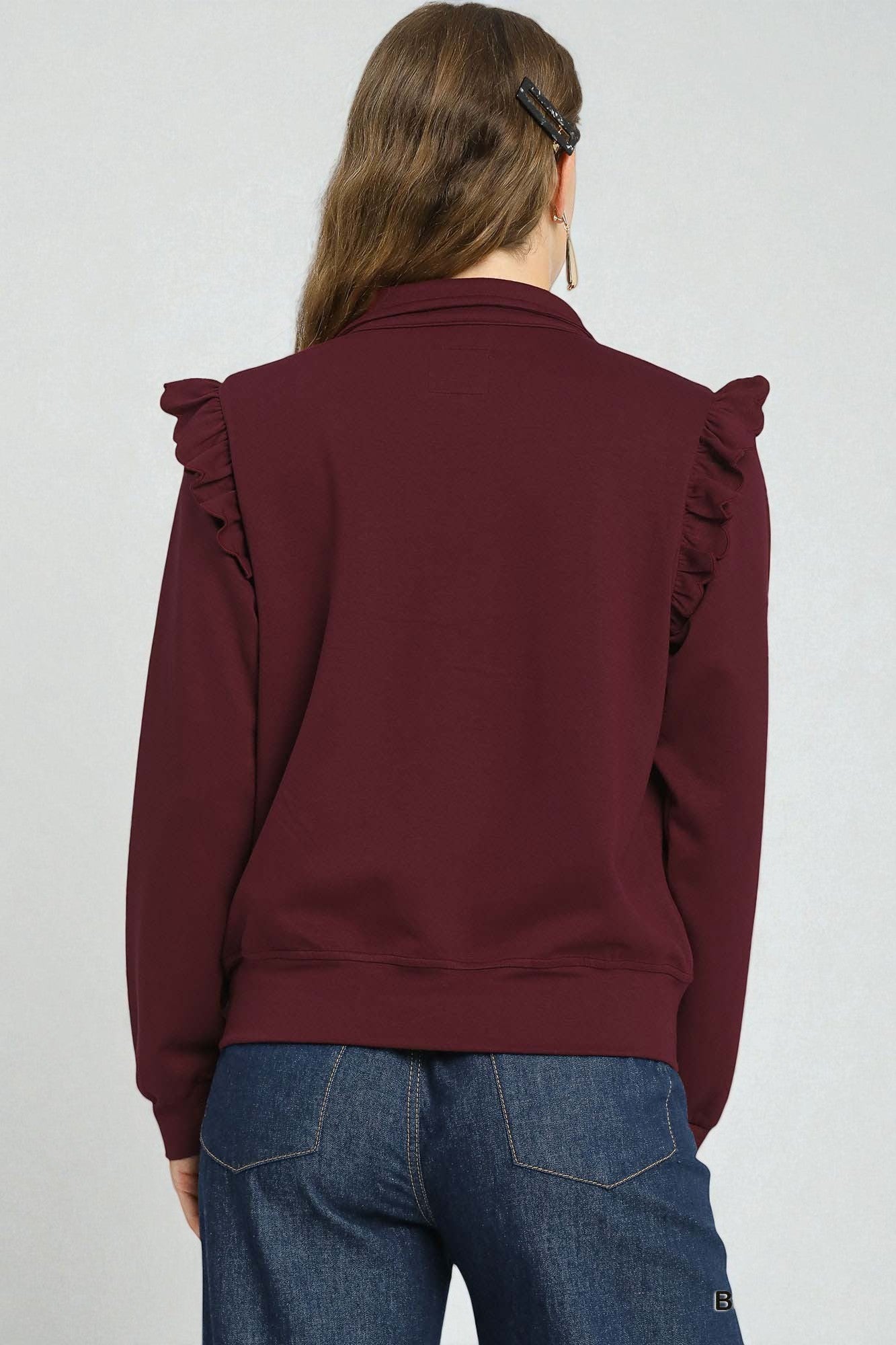 Wine Ruffle Shoulder Half Zip Pullover