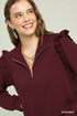 Wine Ruffle Shoulder Half Zip Pullover
