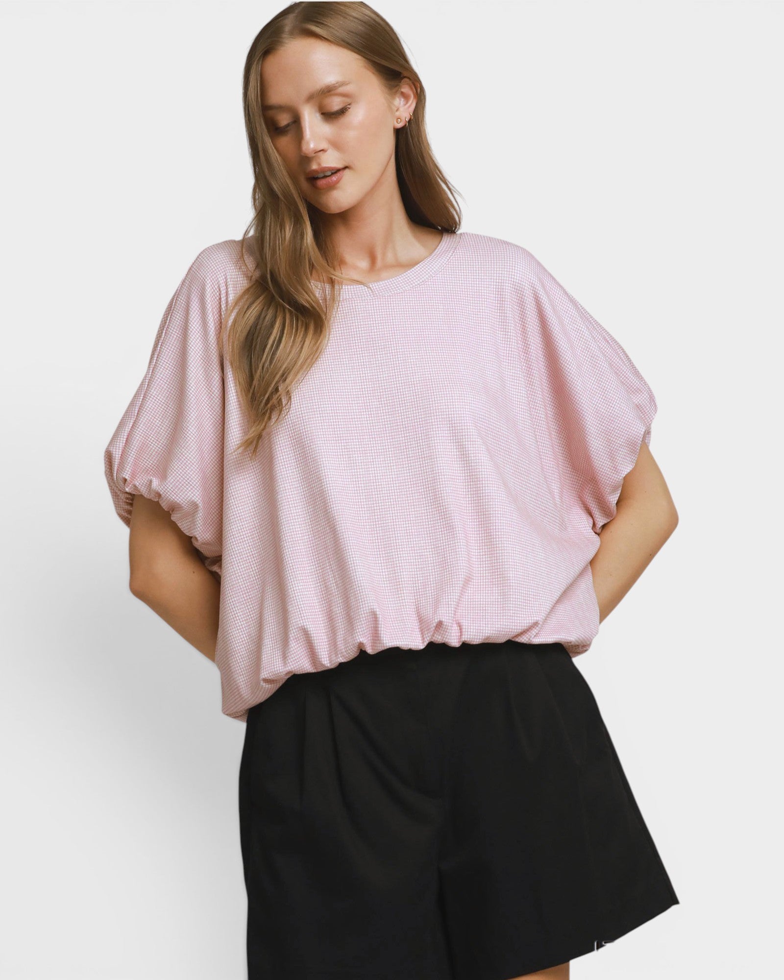 Light Mauve Gingham Bubble Hem Top