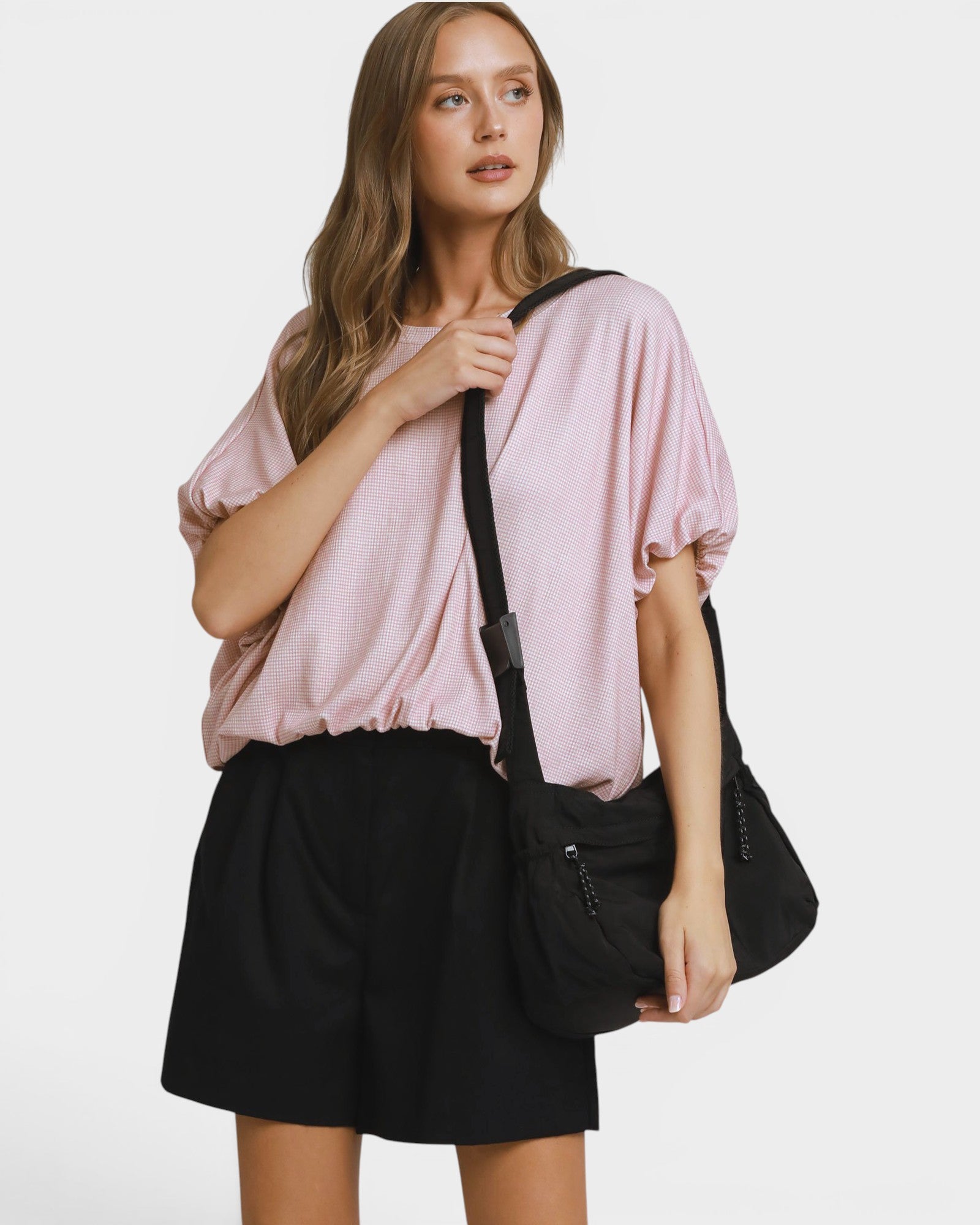 Light Mauve Gingham Bubble Hem Top