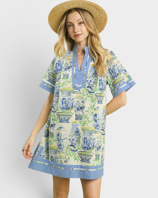 Blue Porcelain Print Mini Dress