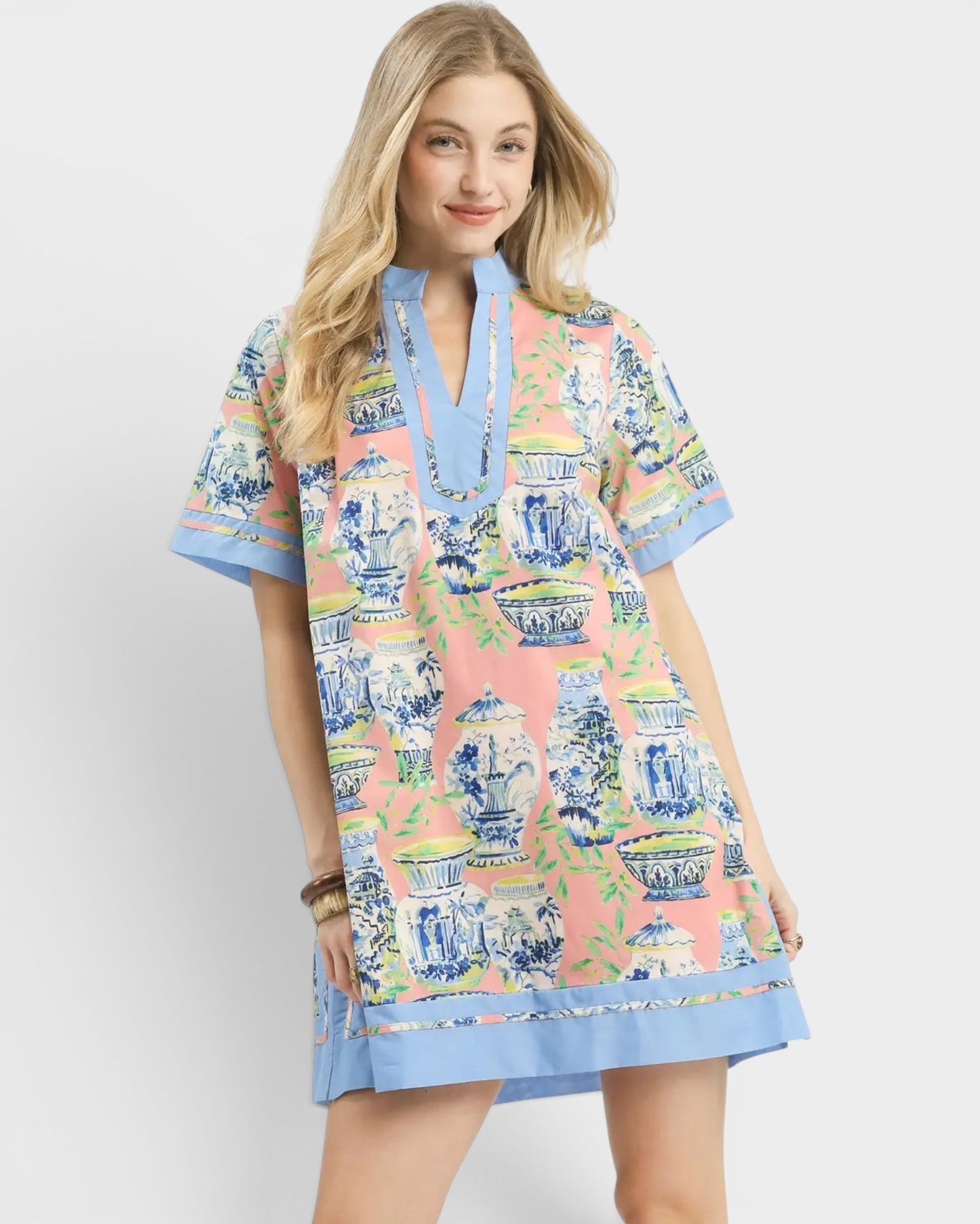 Coral Porcelain Print Mini Dress