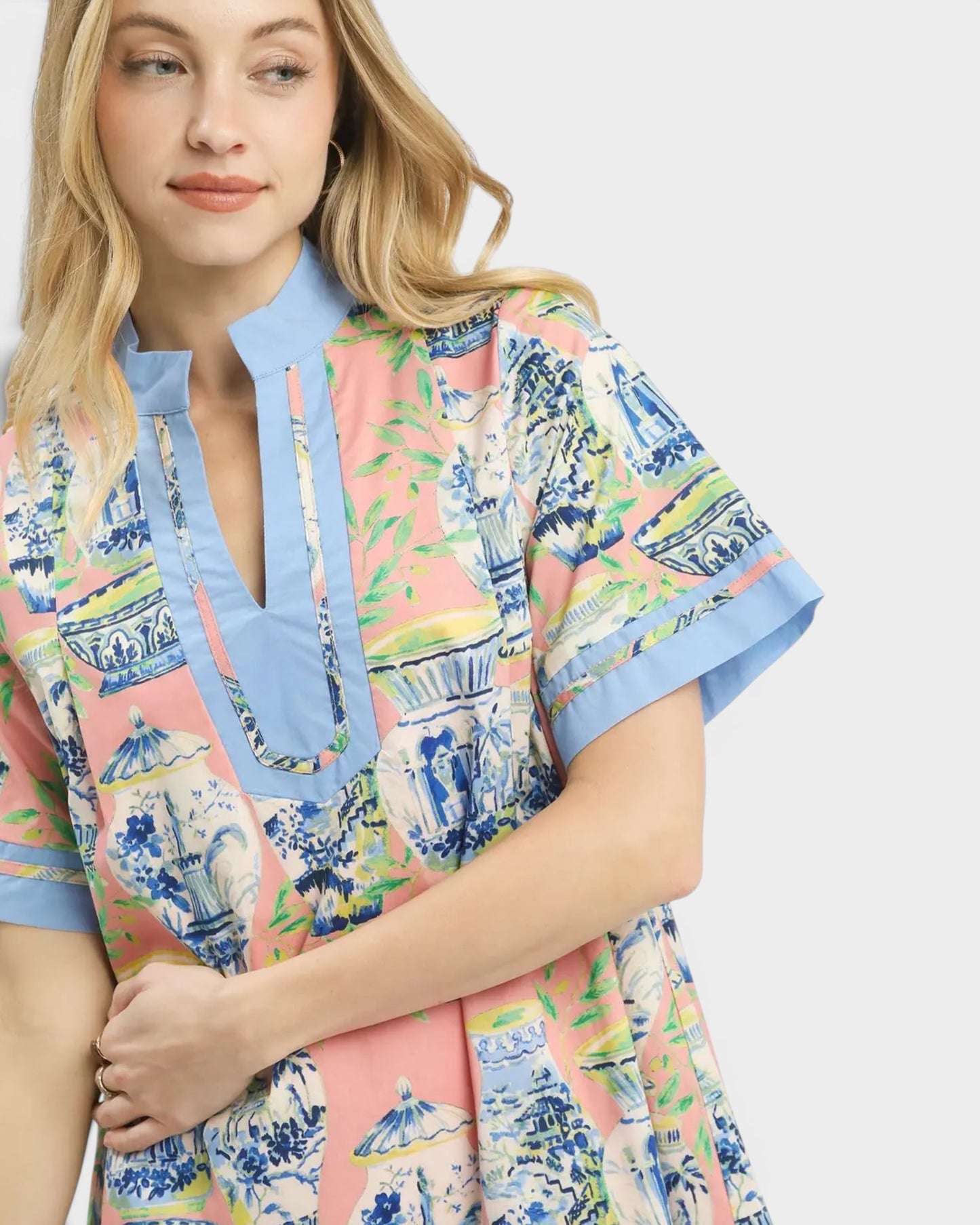 Coral Porcelain Print Mini Dress