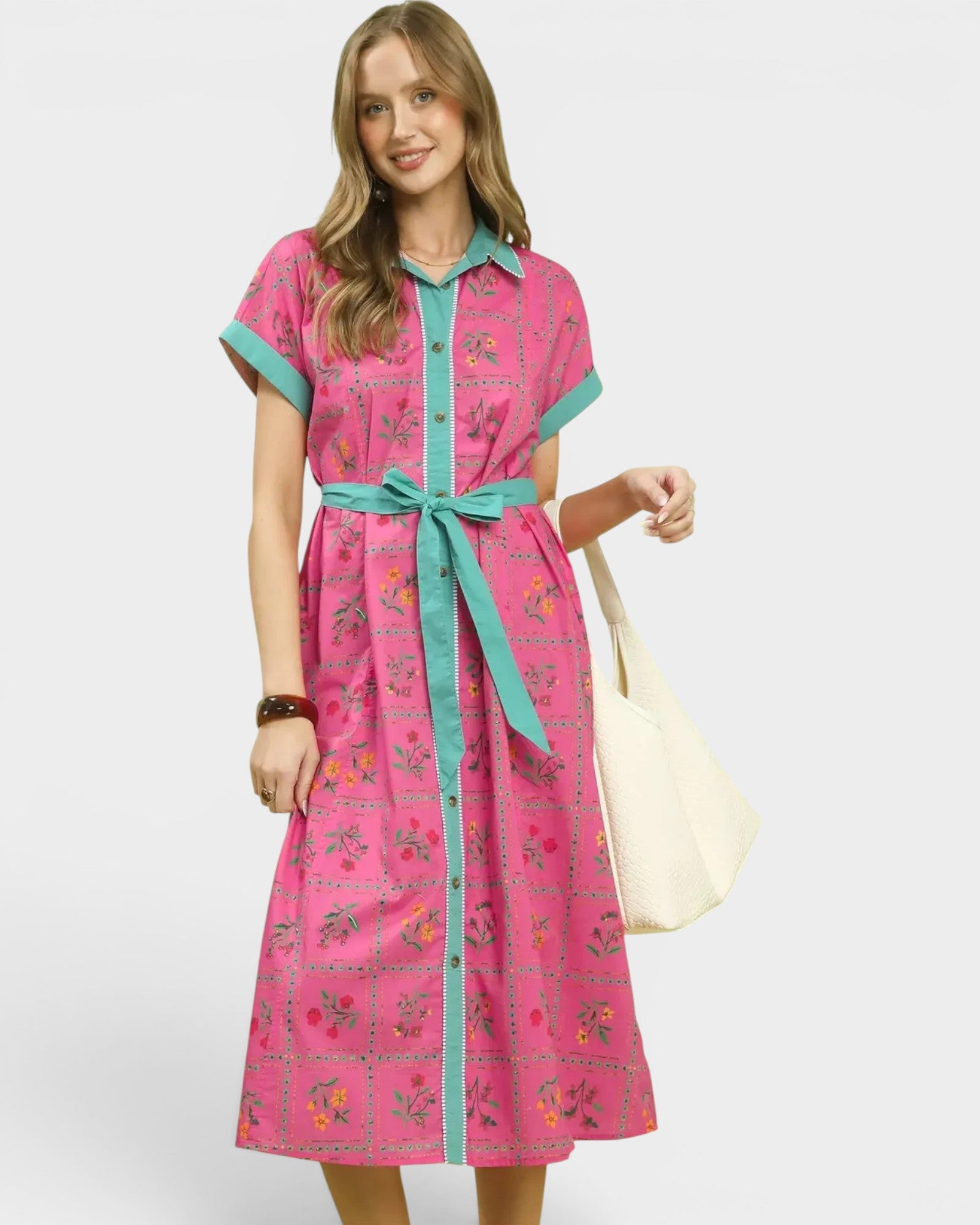 Raspberry Floral Button Front Midi Dress