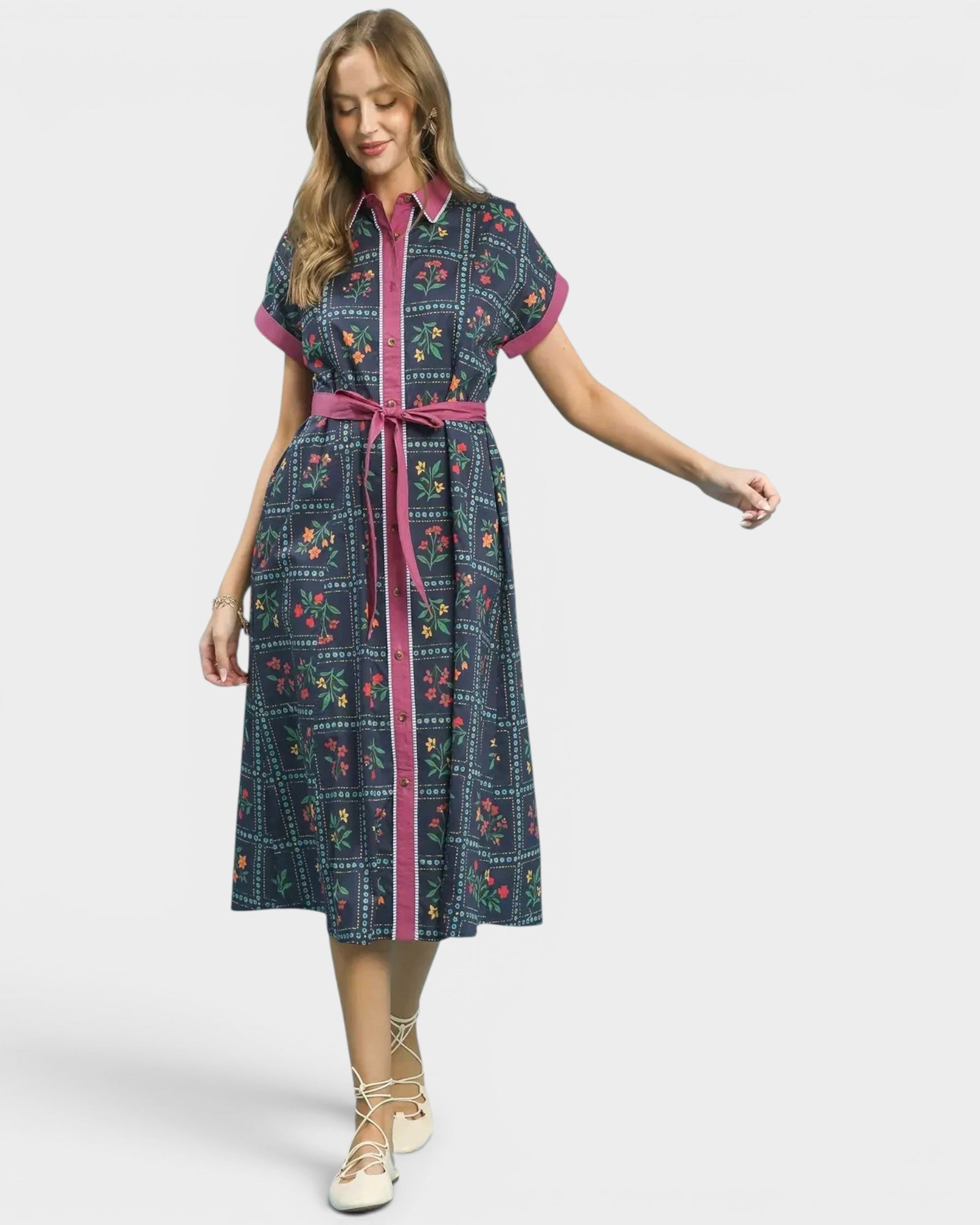 Navy Floral Button Front Midi Dress
