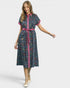 Navy Floral Button Front Midi Dress