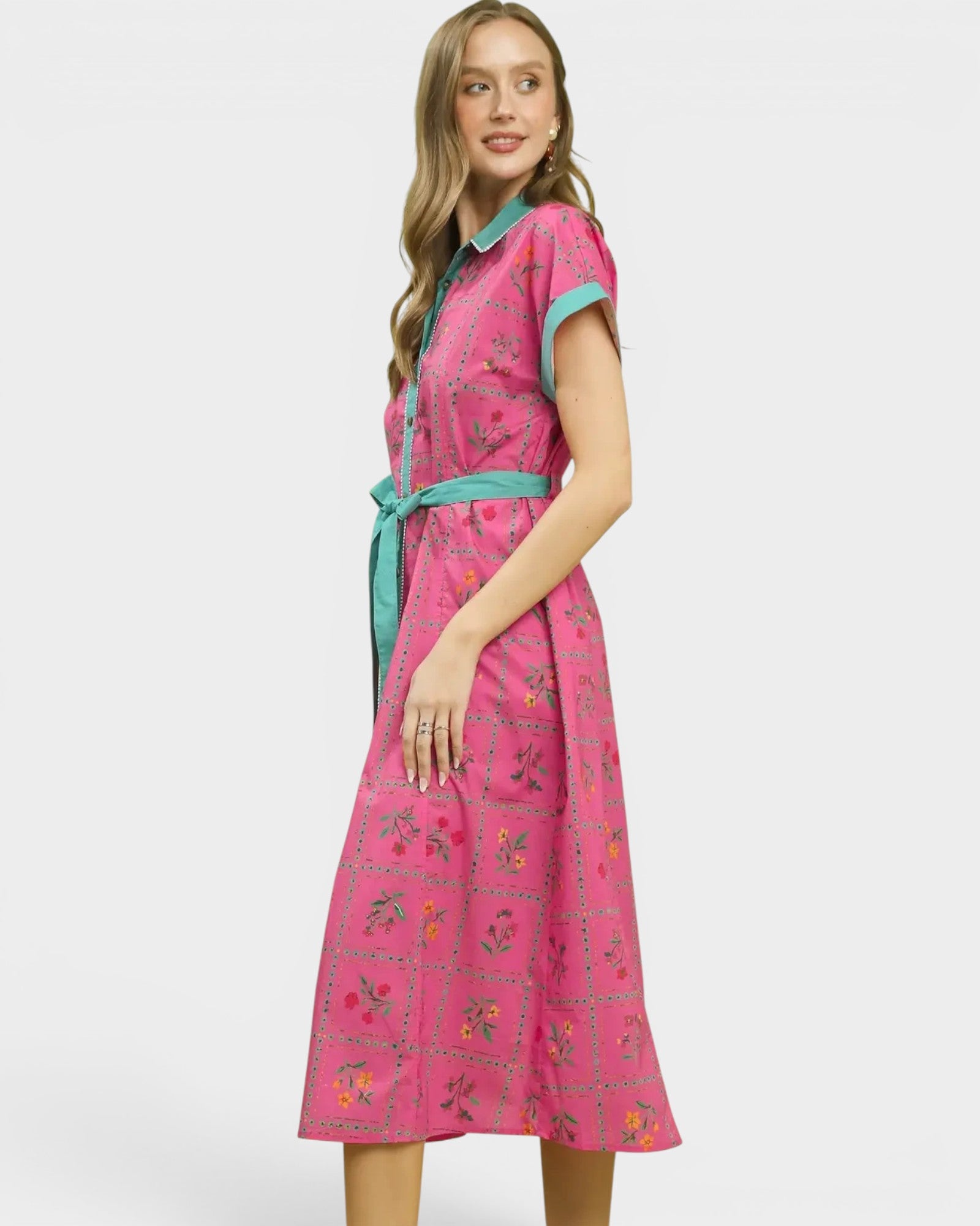 Raspberry Floral Button Front Midi Dress