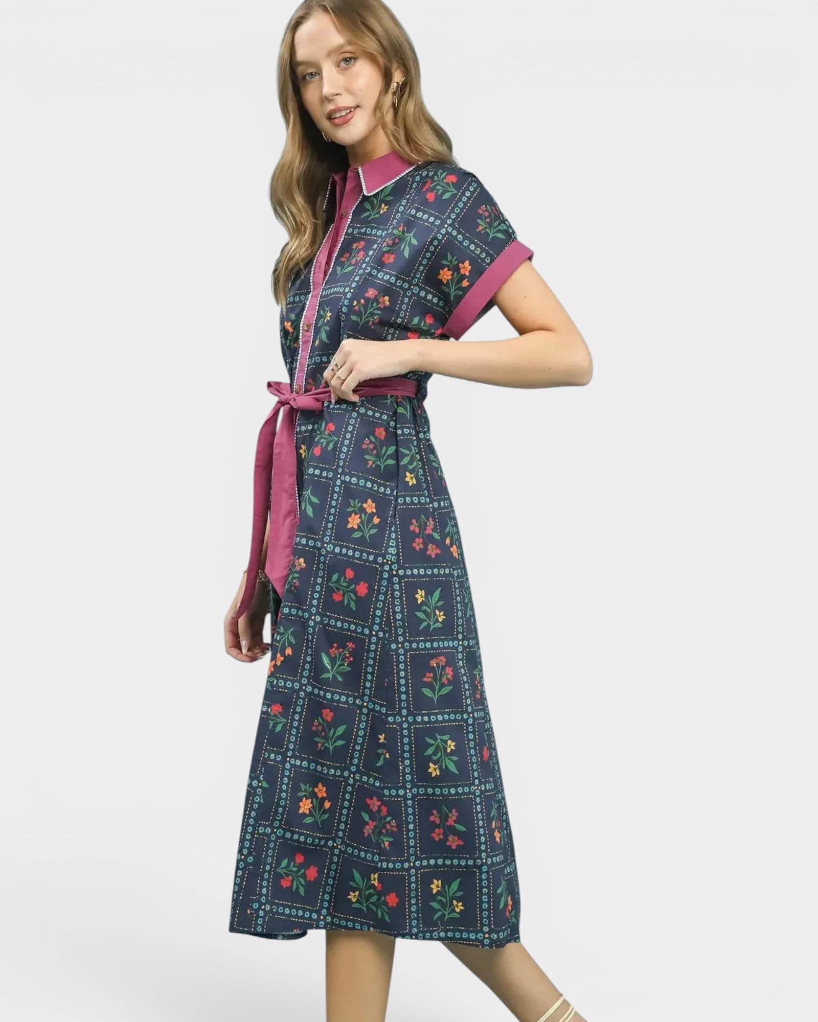 Navy Floral Button Front Midi Dress