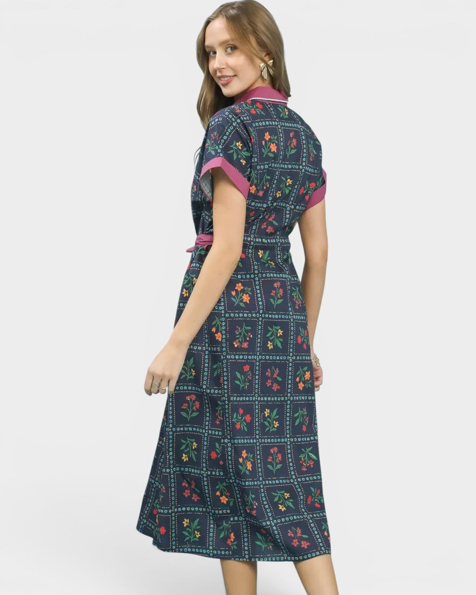 Navy Floral Button Front Midi Dress