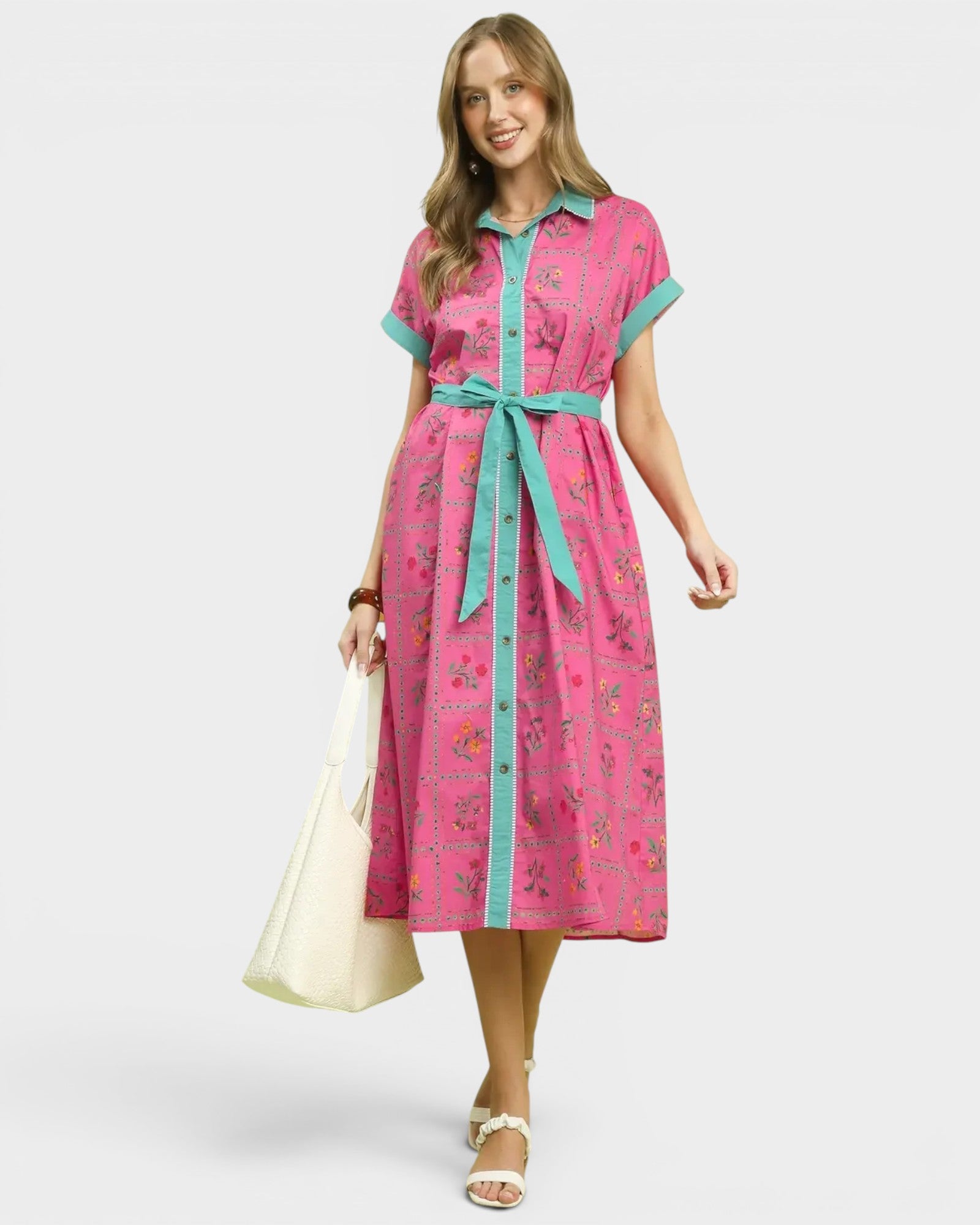 Raspberry Floral Button Front Midi Dress