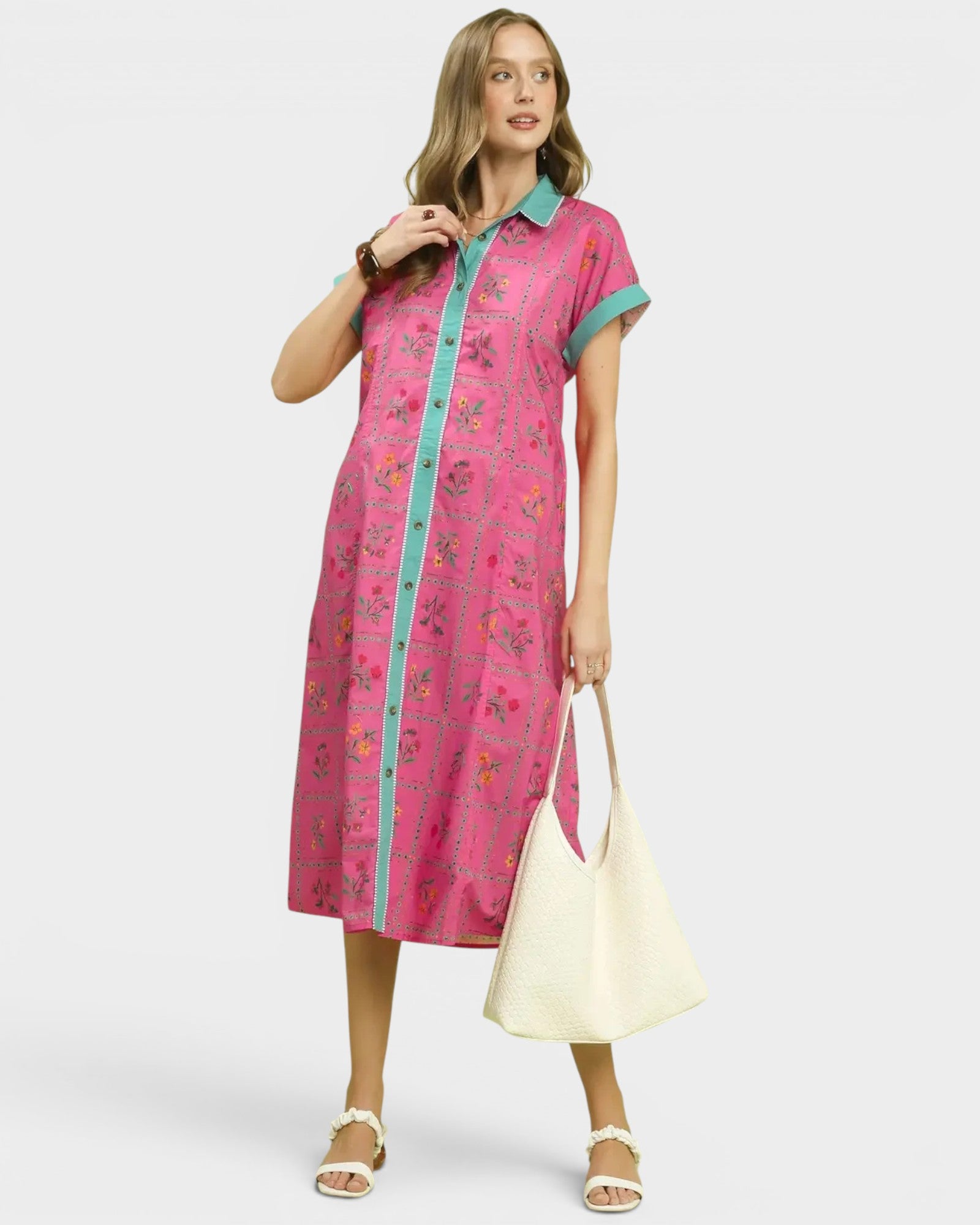 Raspberry Floral Button Front Midi Dress