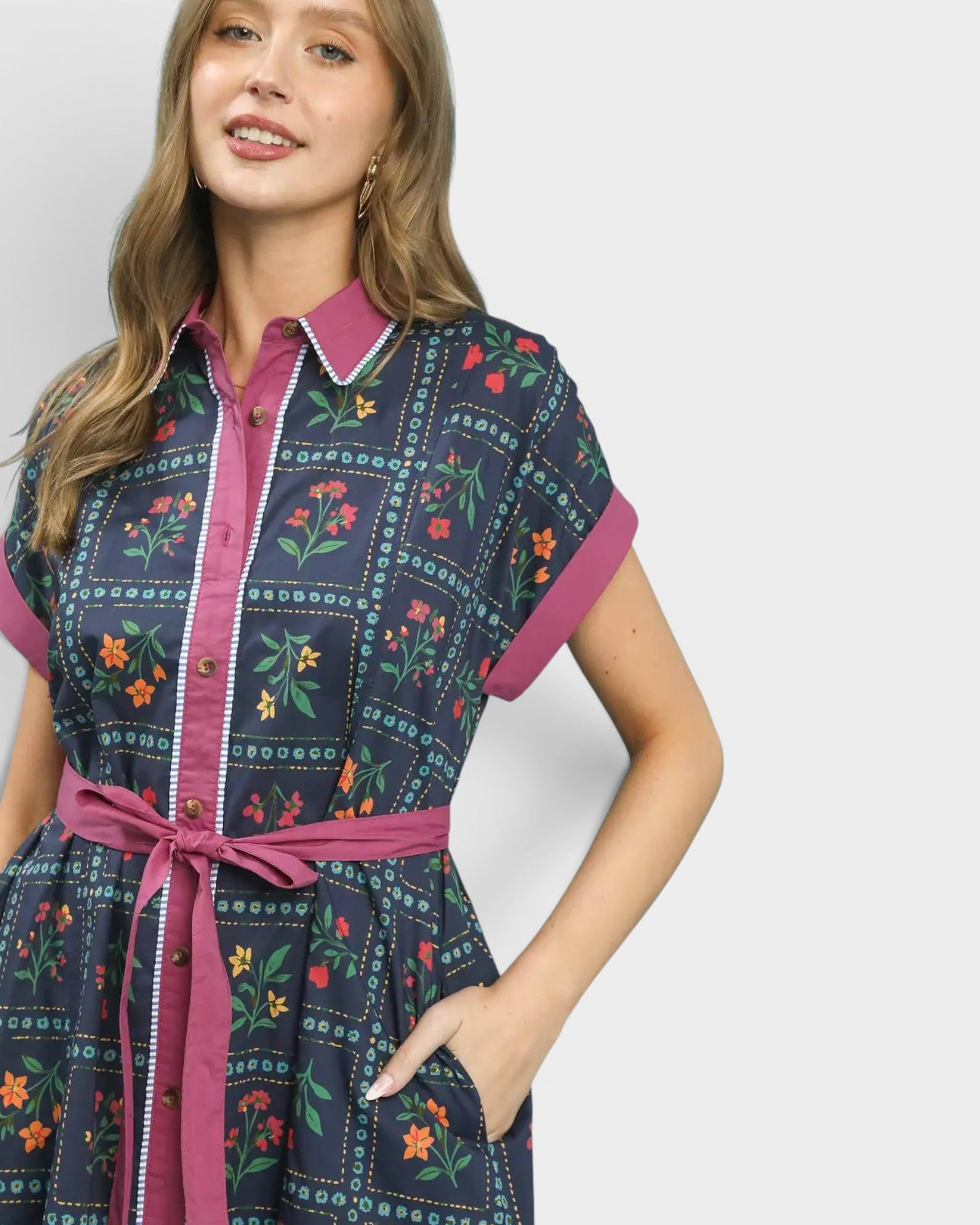 Navy Floral Button Front Midi Dress