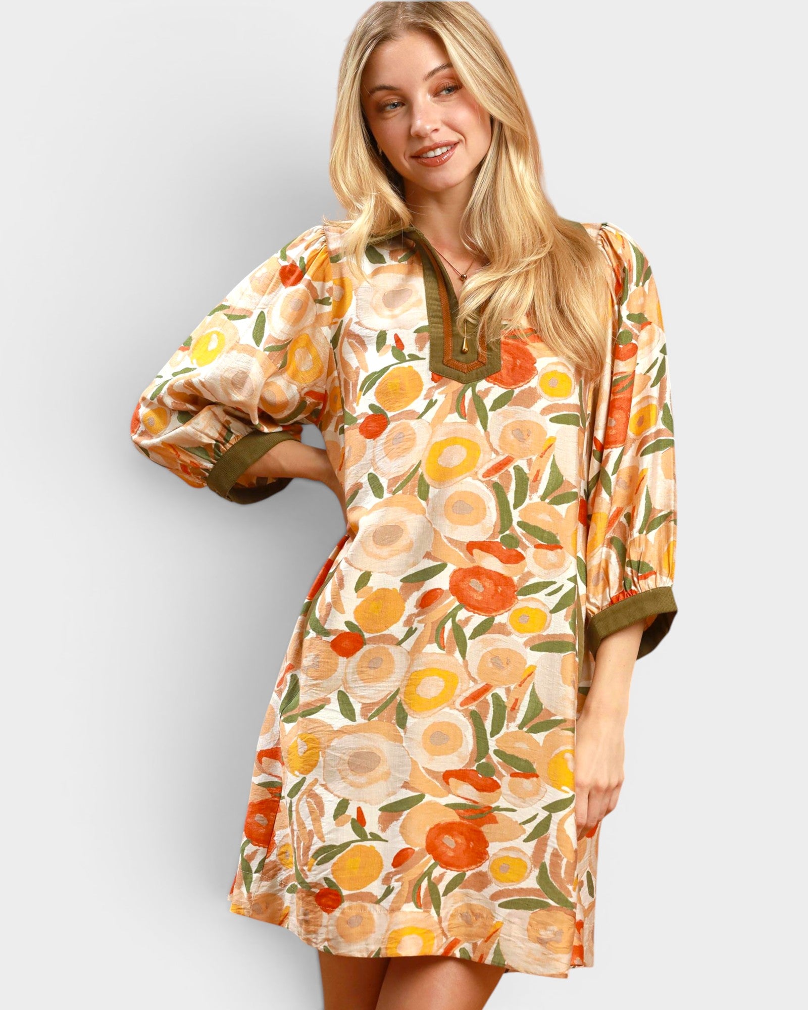 Olive Floral Contrast Trim Mini Dress