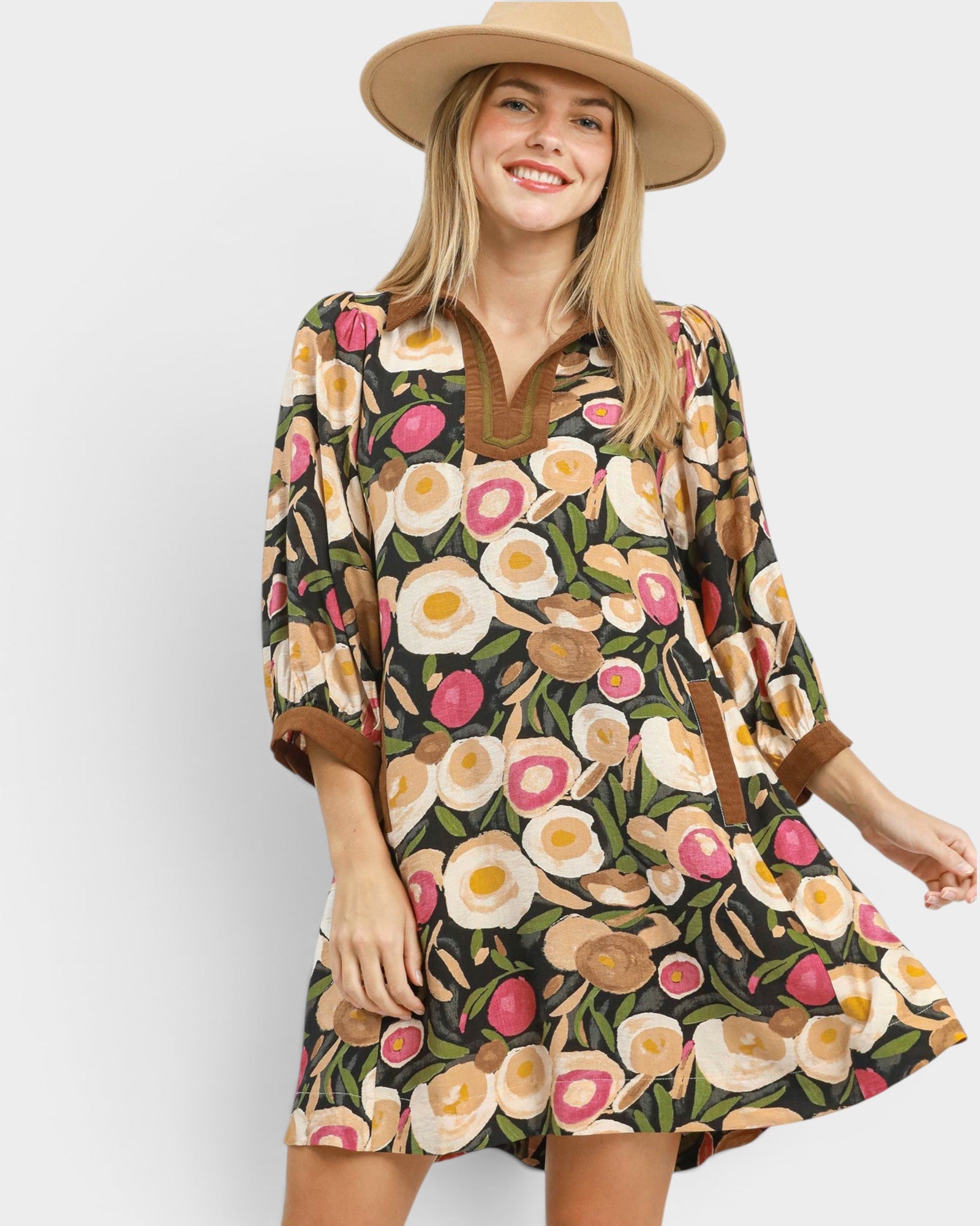Black Floral Contrast Trim Mini Dress
