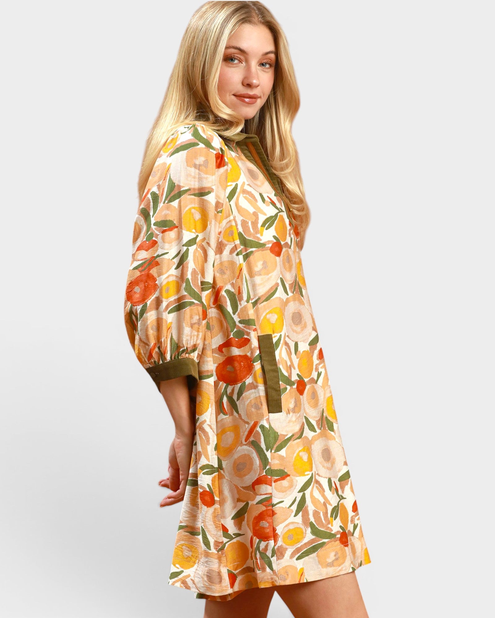 Olive Floral Contrast Trim Mini Dress