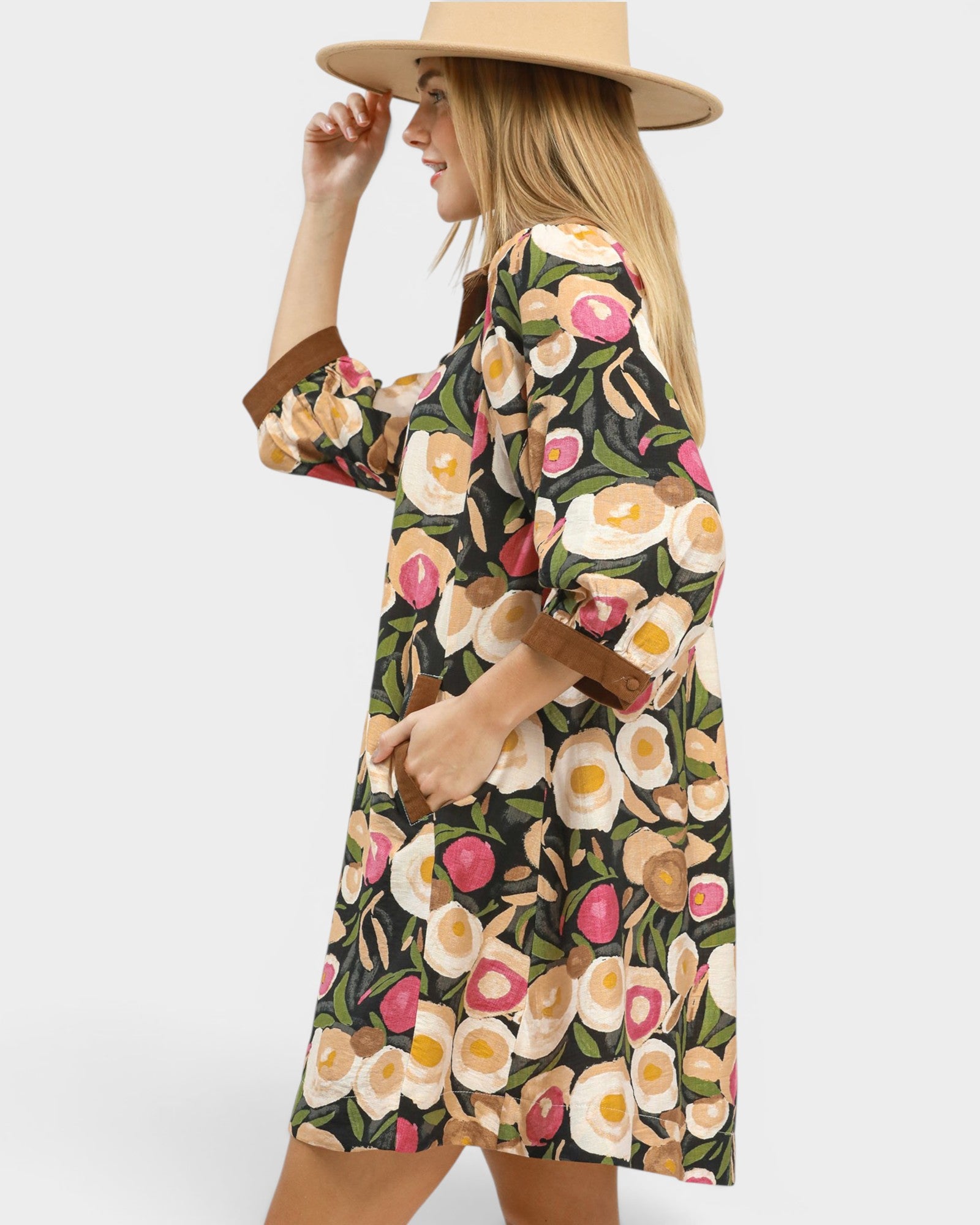 Black Floral Contrast Trim Mini Dress