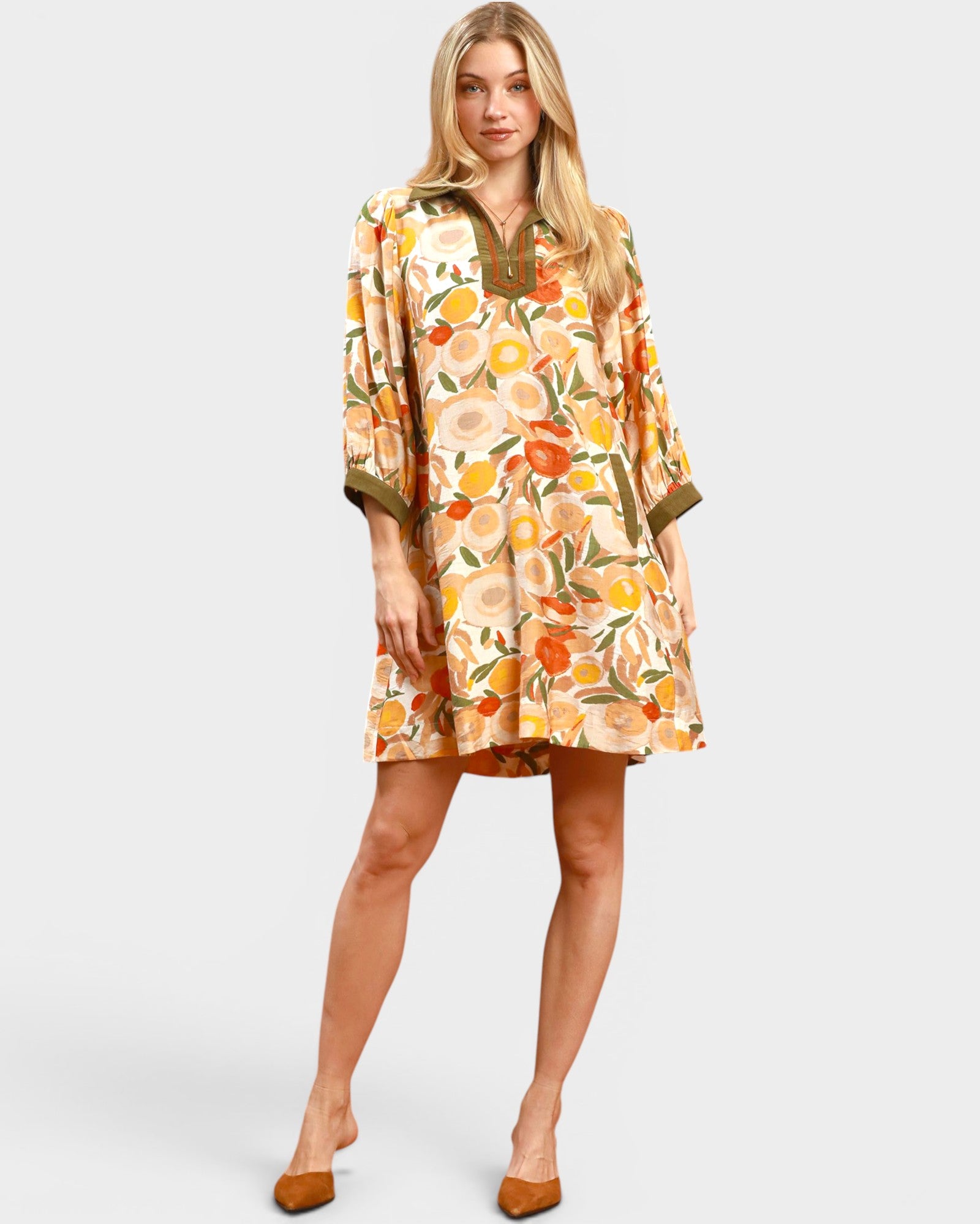 Olive Floral Contrast Trim Mini Dress