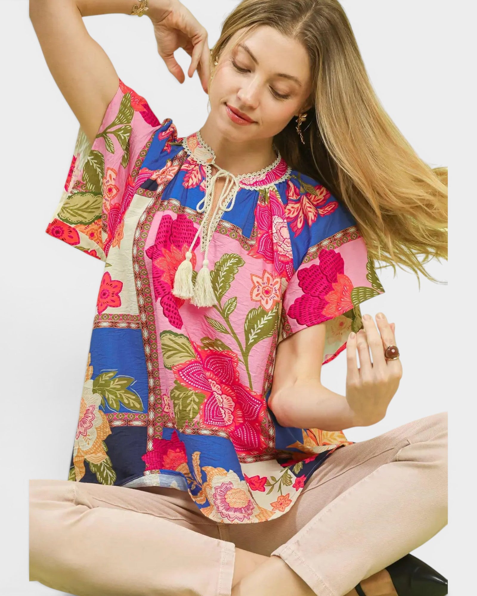 Blue Patchwork Floral Blouse