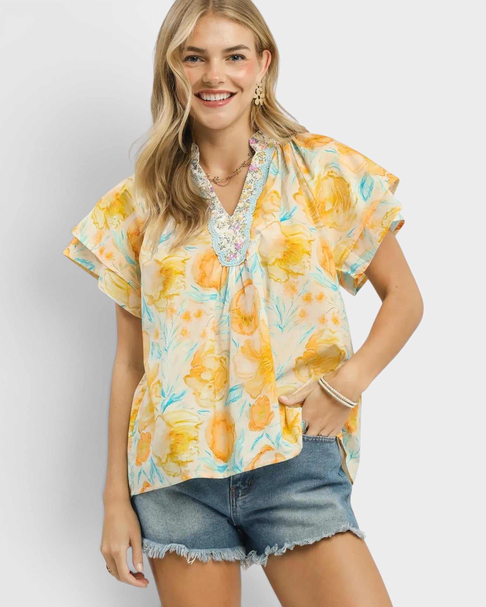 Marigold Floral Flutter Sleeve Blouse