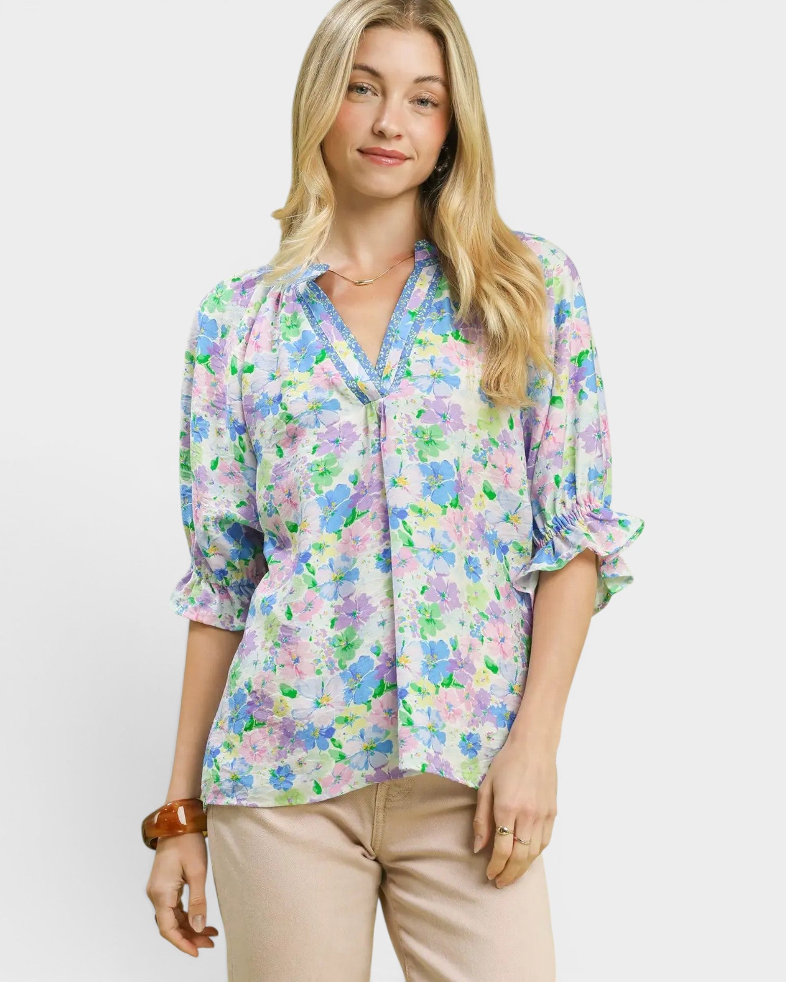 Blue Multi Floral Puff Sleeve Blouse