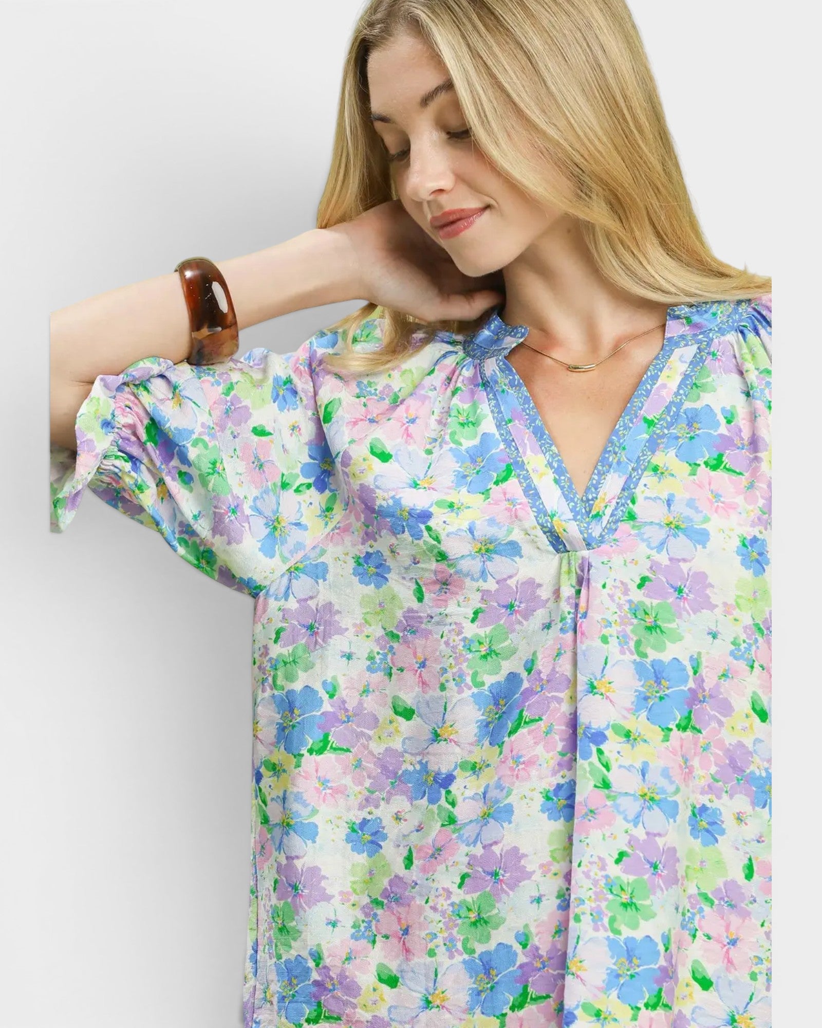 Blue Multi Floral Puff Sleeve Blouse