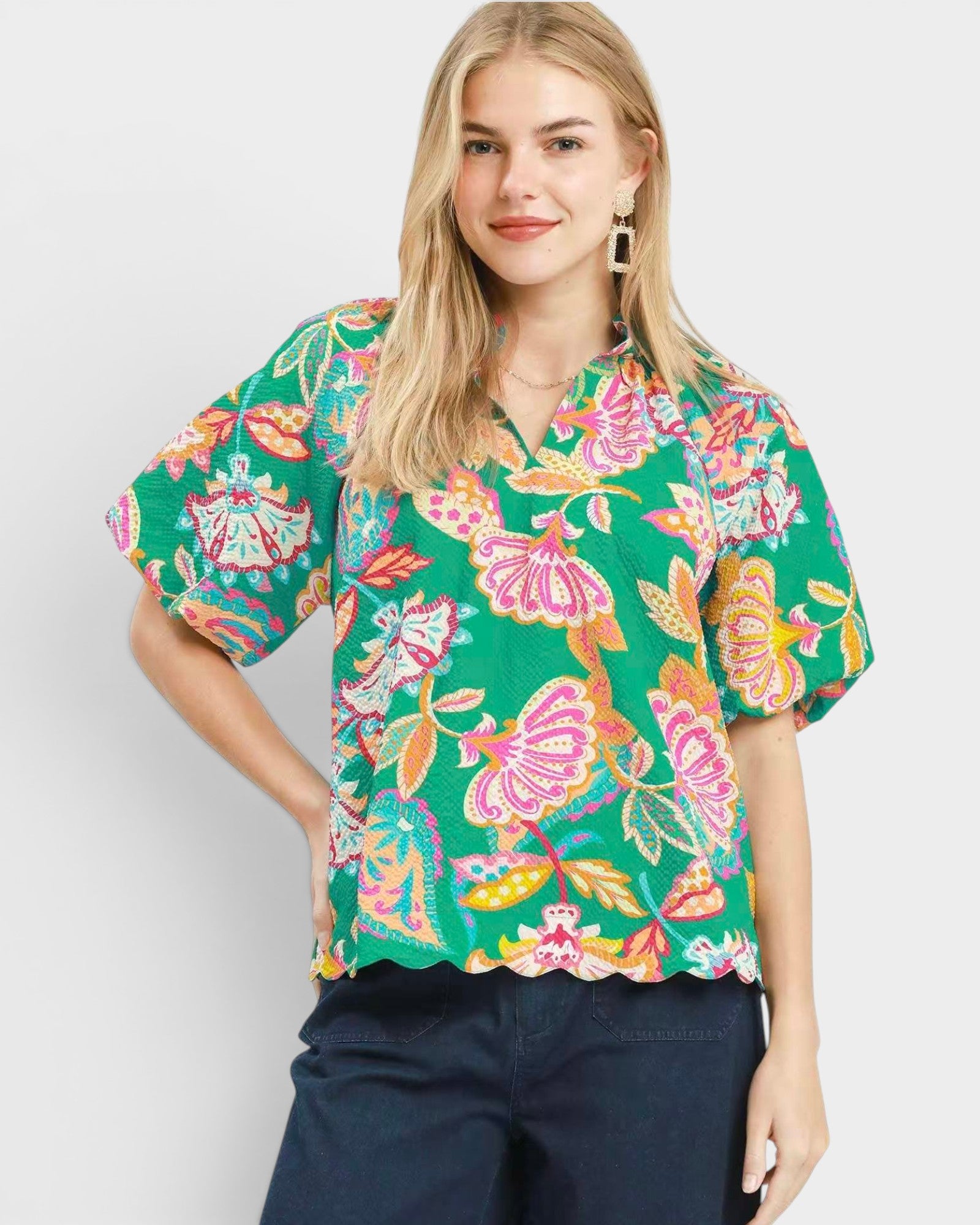 Emerald Floral Scallop Hem Top
