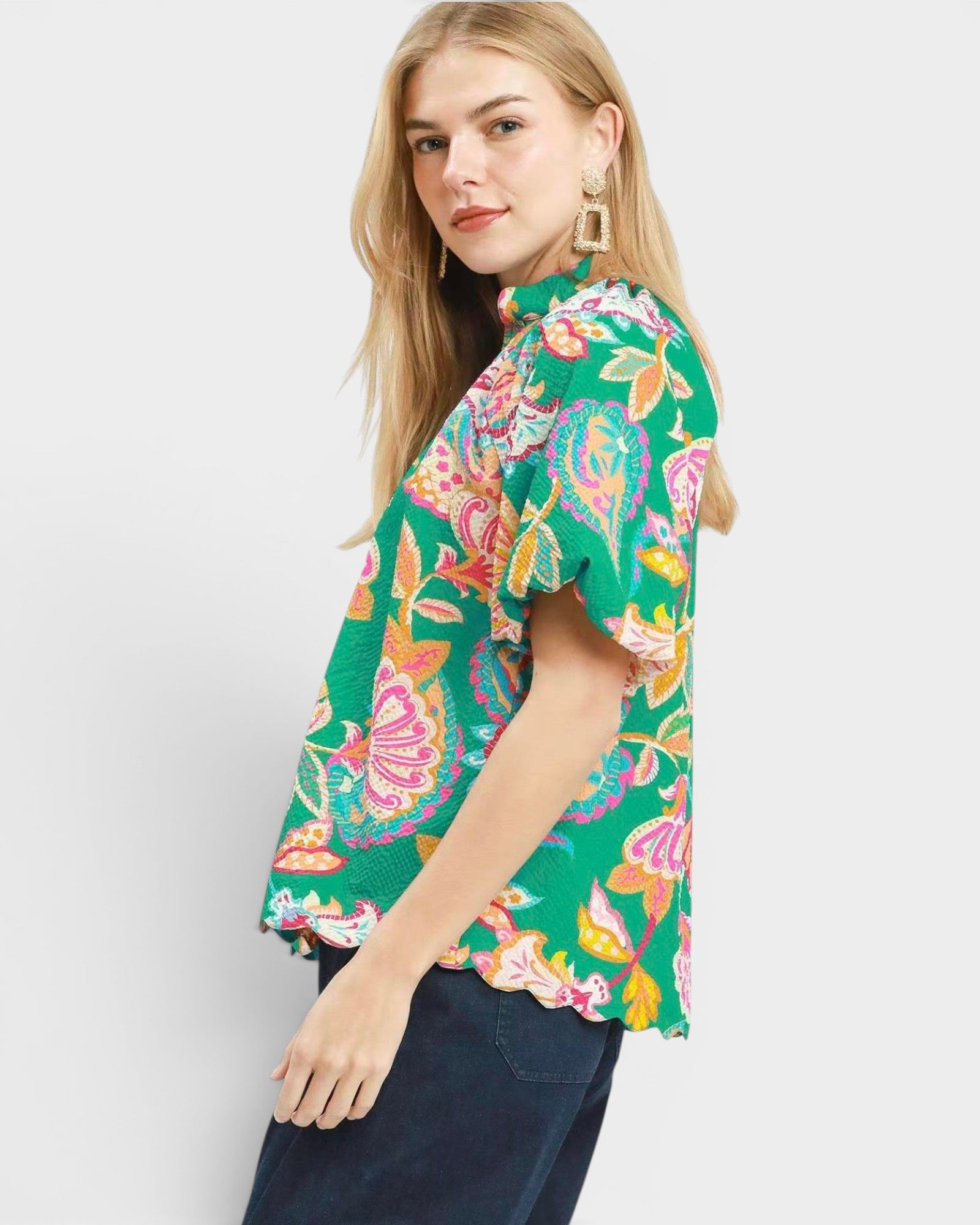 Emerald Floral Scallop Hem Top