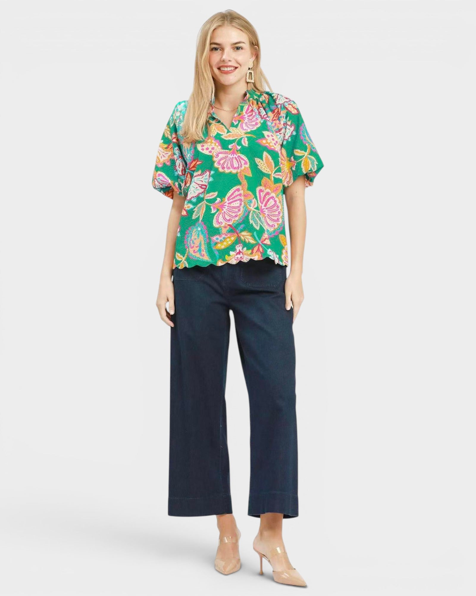 Emerald Floral Scallop Hem Top