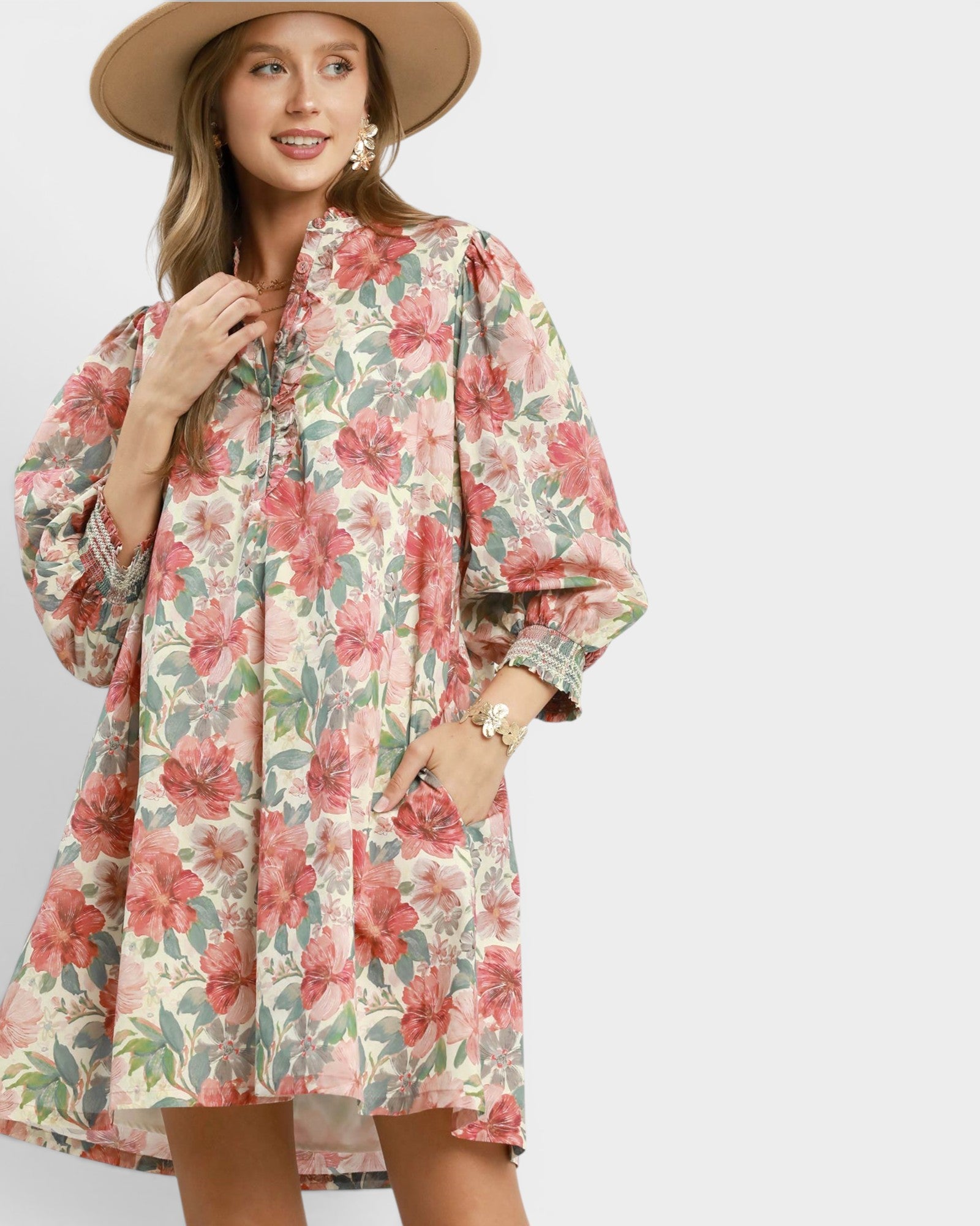 Rust Floral Ruffle Neck Dress