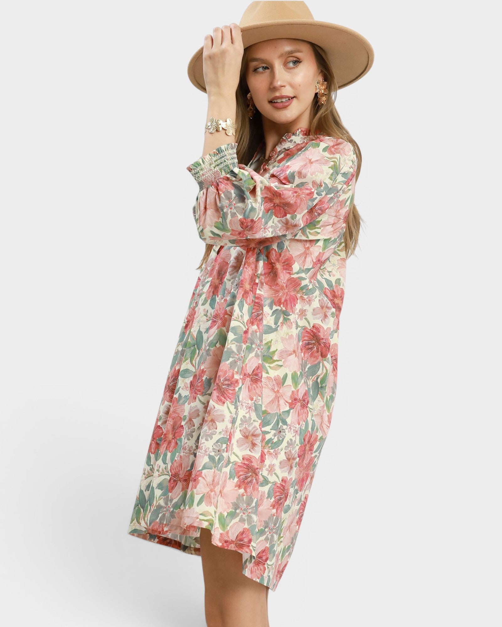 Rust Floral Ruffle Neck Dress