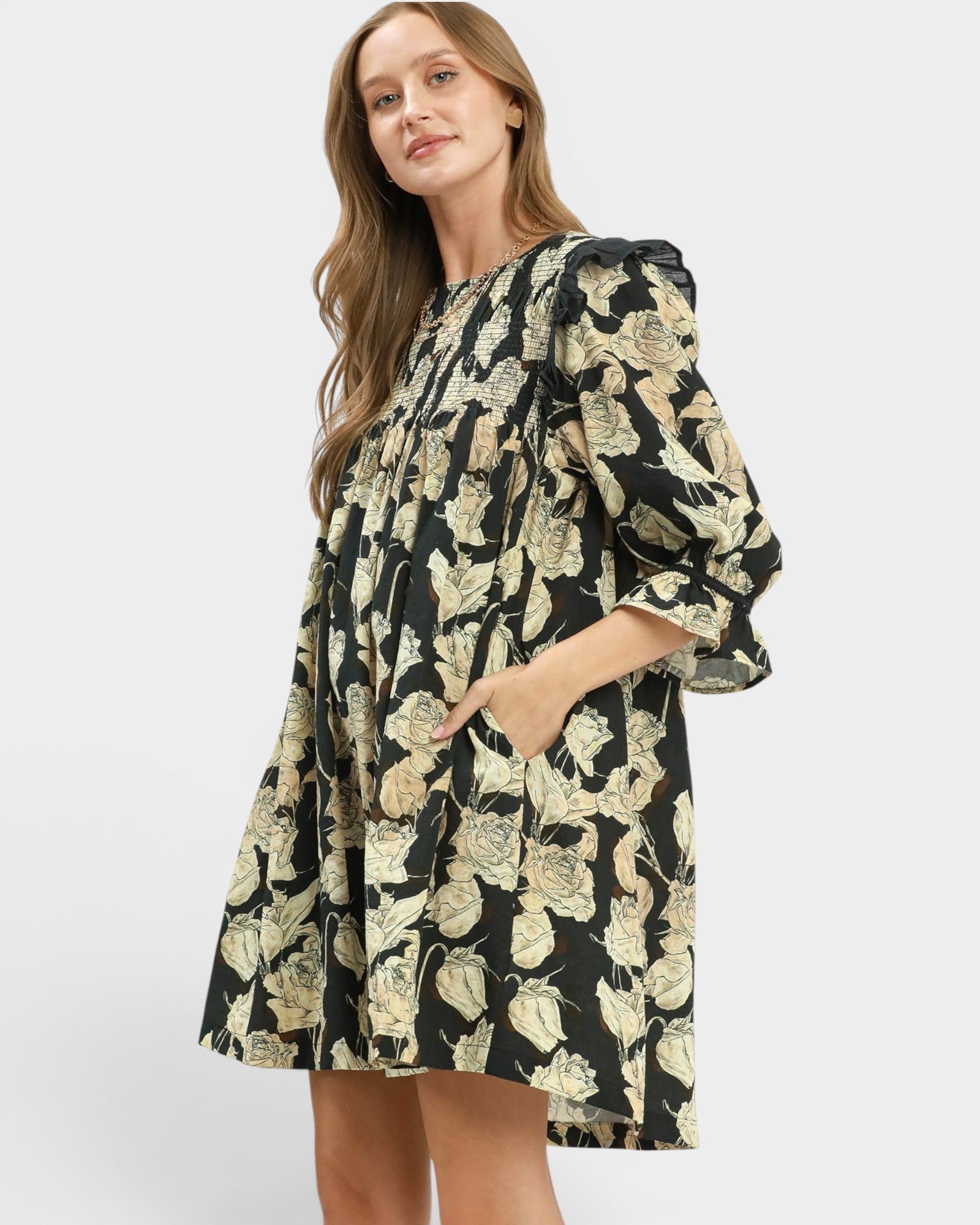 Black Floral Smocked Ruffle Mini Dress