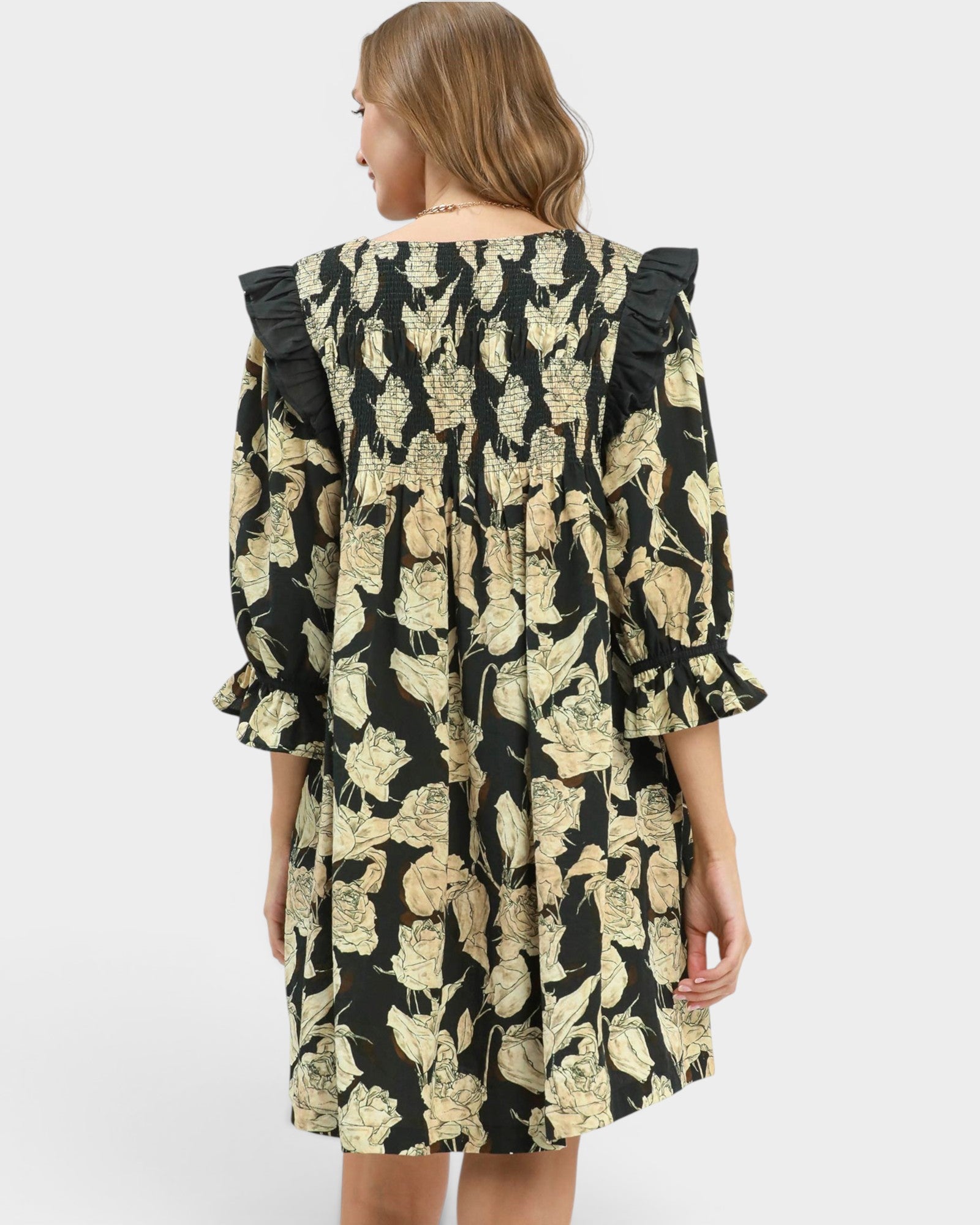 Black Floral Smocked Ruffle Mini Dress