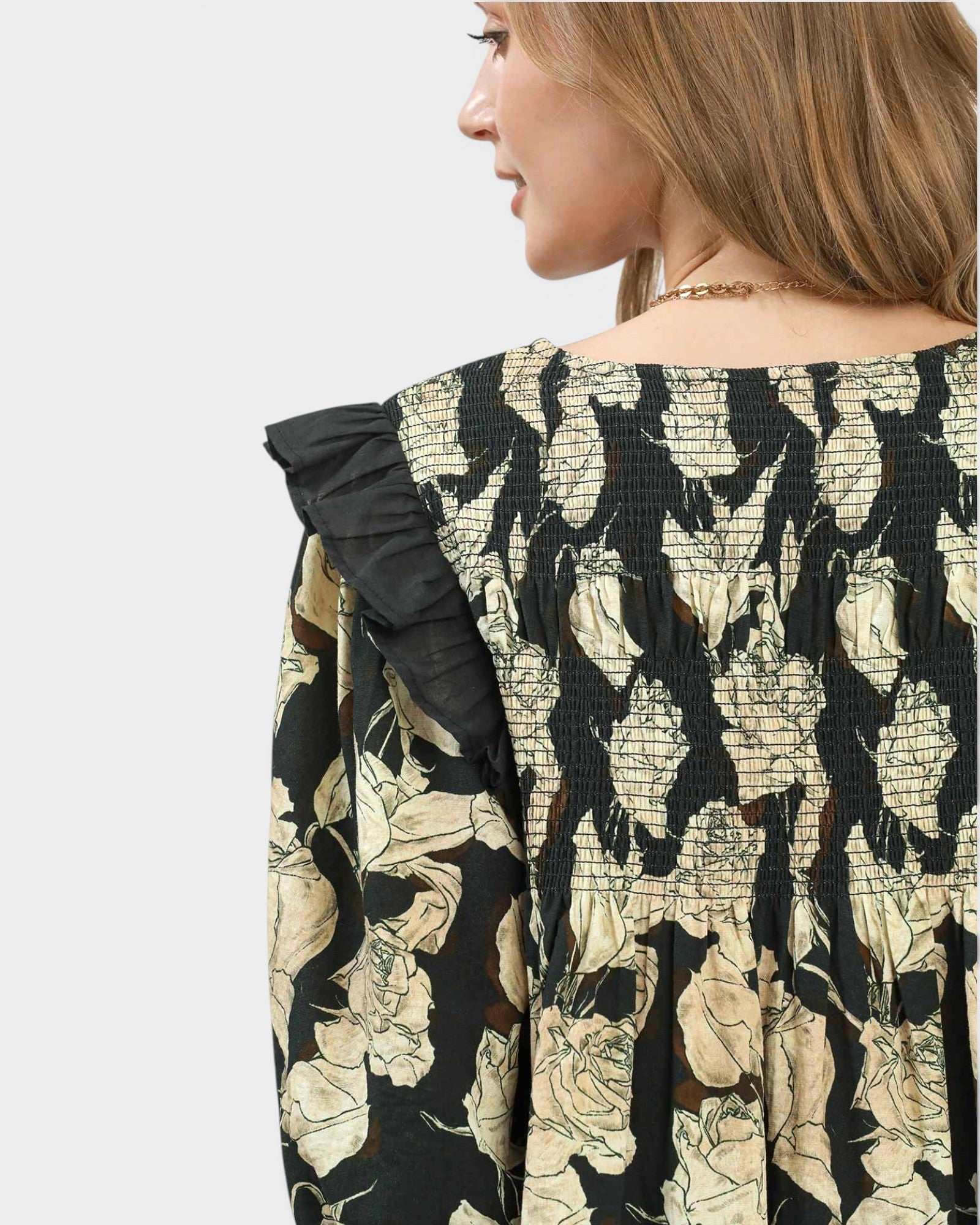 Black Floral Smocked Ruffle Mini Dress