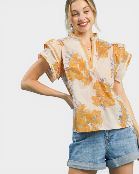 Marigold Floral Contrast Trim Flutter Sleeve Cotton Blouse