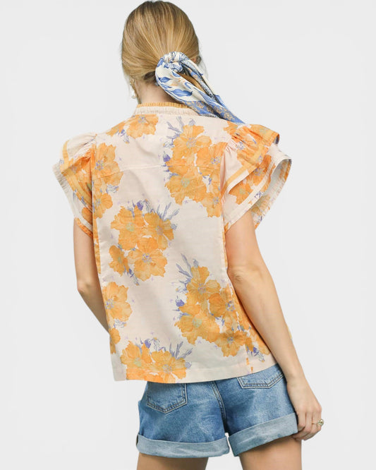 Marigold Floral Contrast Trim Flutter Sleeve Cotton Blouse