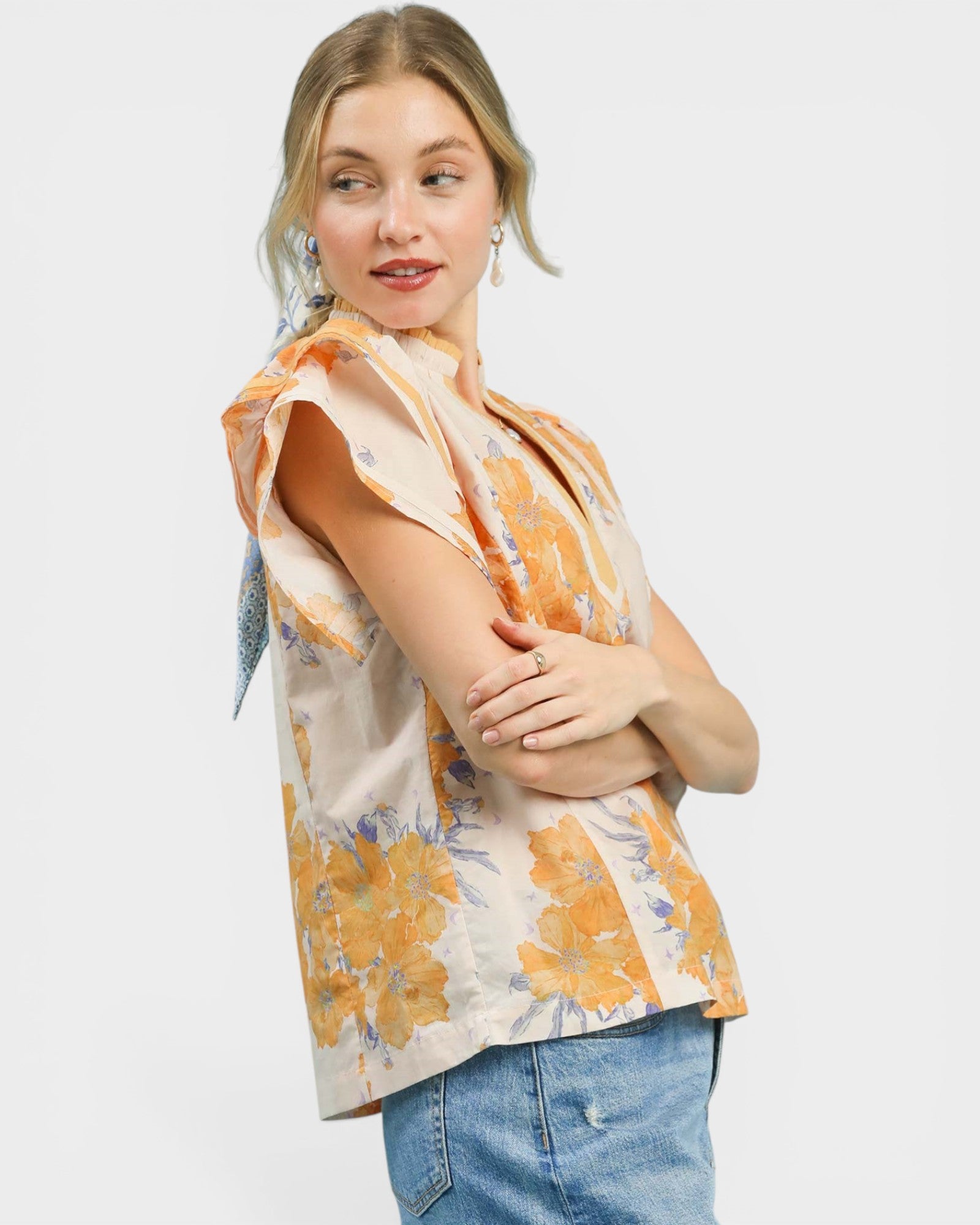 Marigold Floral Contrast Trim Flutter Sleeve Cotton Blouse