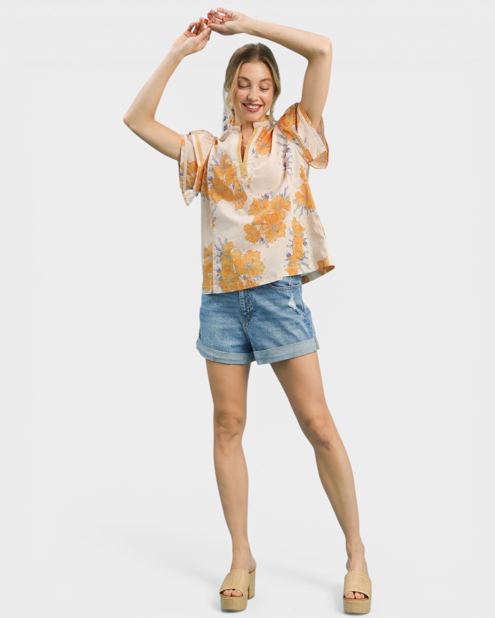 Marigold Floral Contrast Trim Flutter Sleeve Cotton Blouse