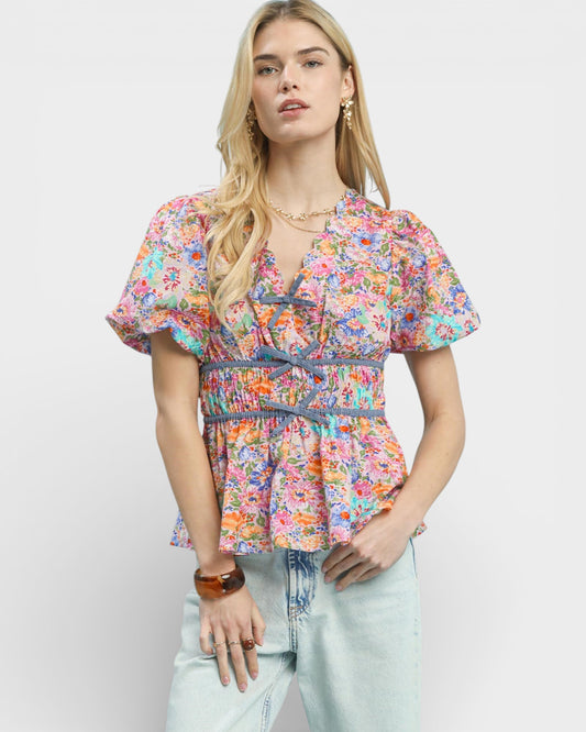 Pink & Orange Floral Lace-Up Peplum Top