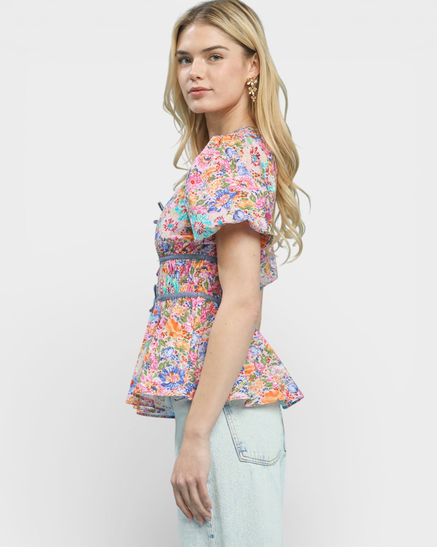 Pink & Orange Floral Lace-Up Peplum Top