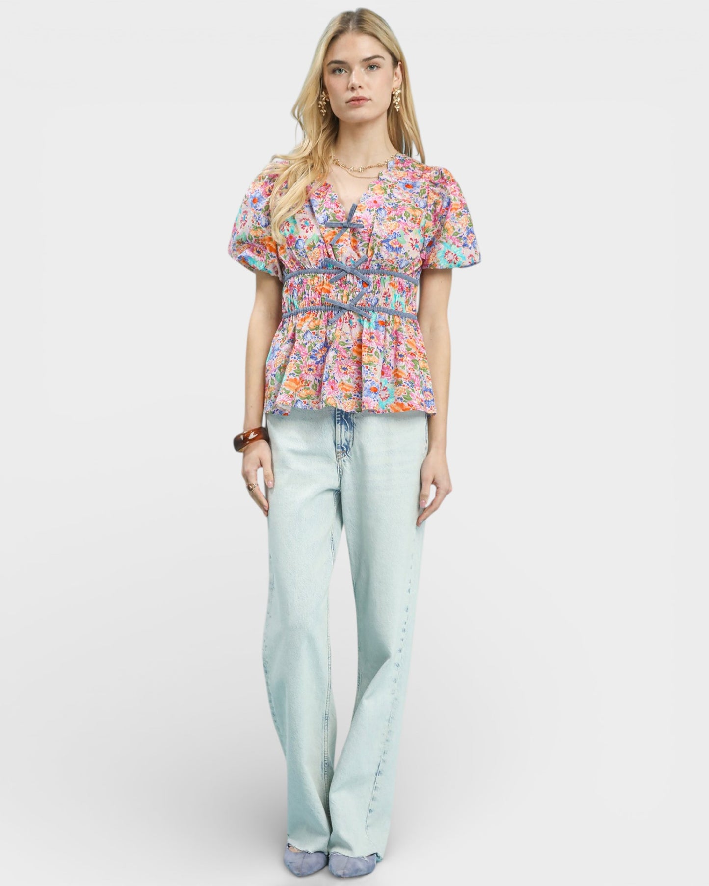 Pink & Orange Floral Lace-Up Peplum Top