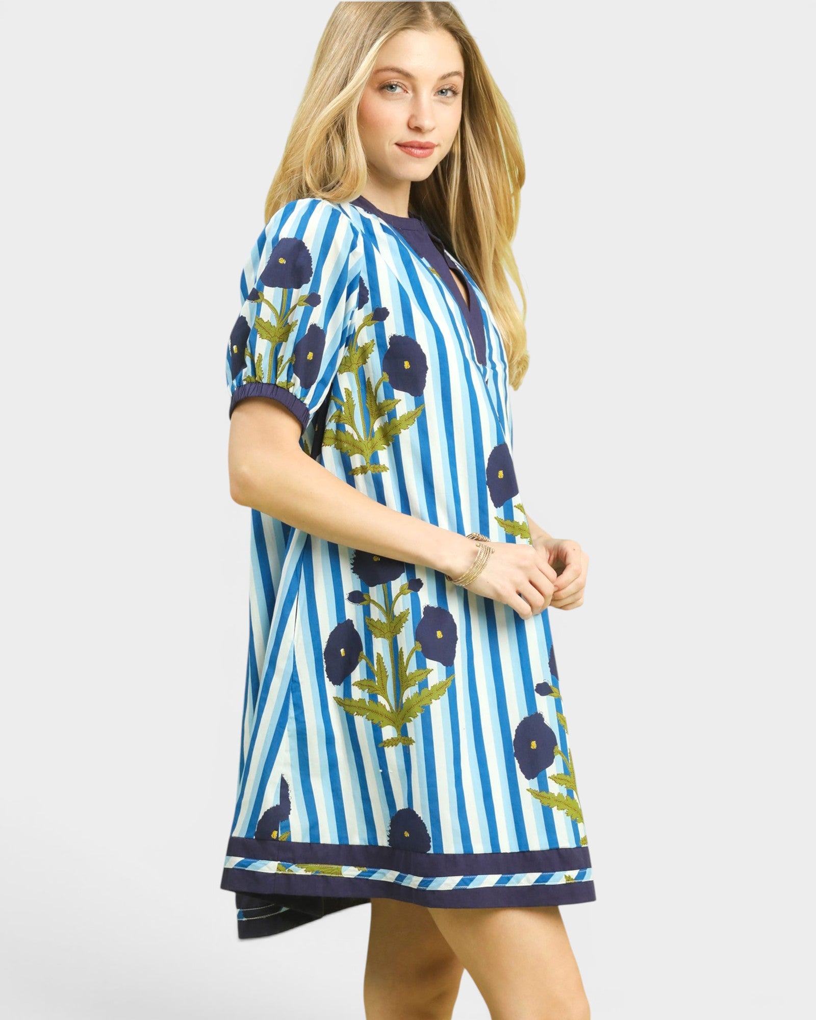 Ocean Floral Stripe Trim Shift Dress