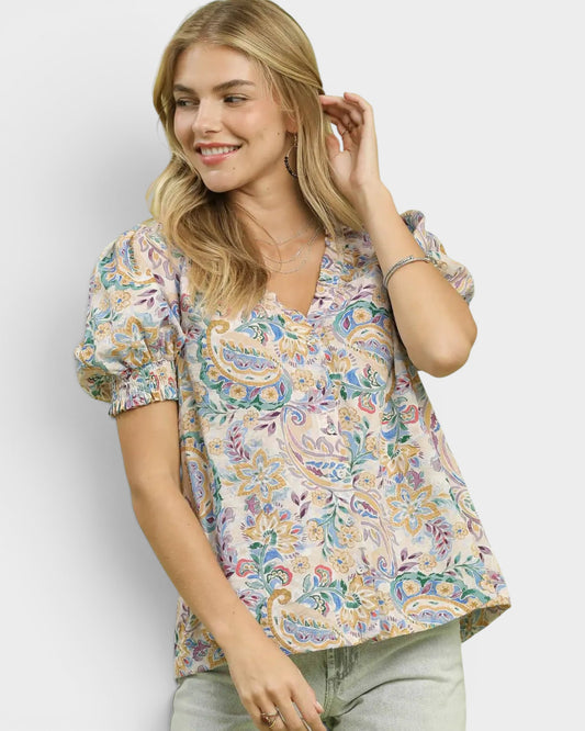Blue Paisley Puff Sleeve Blouse