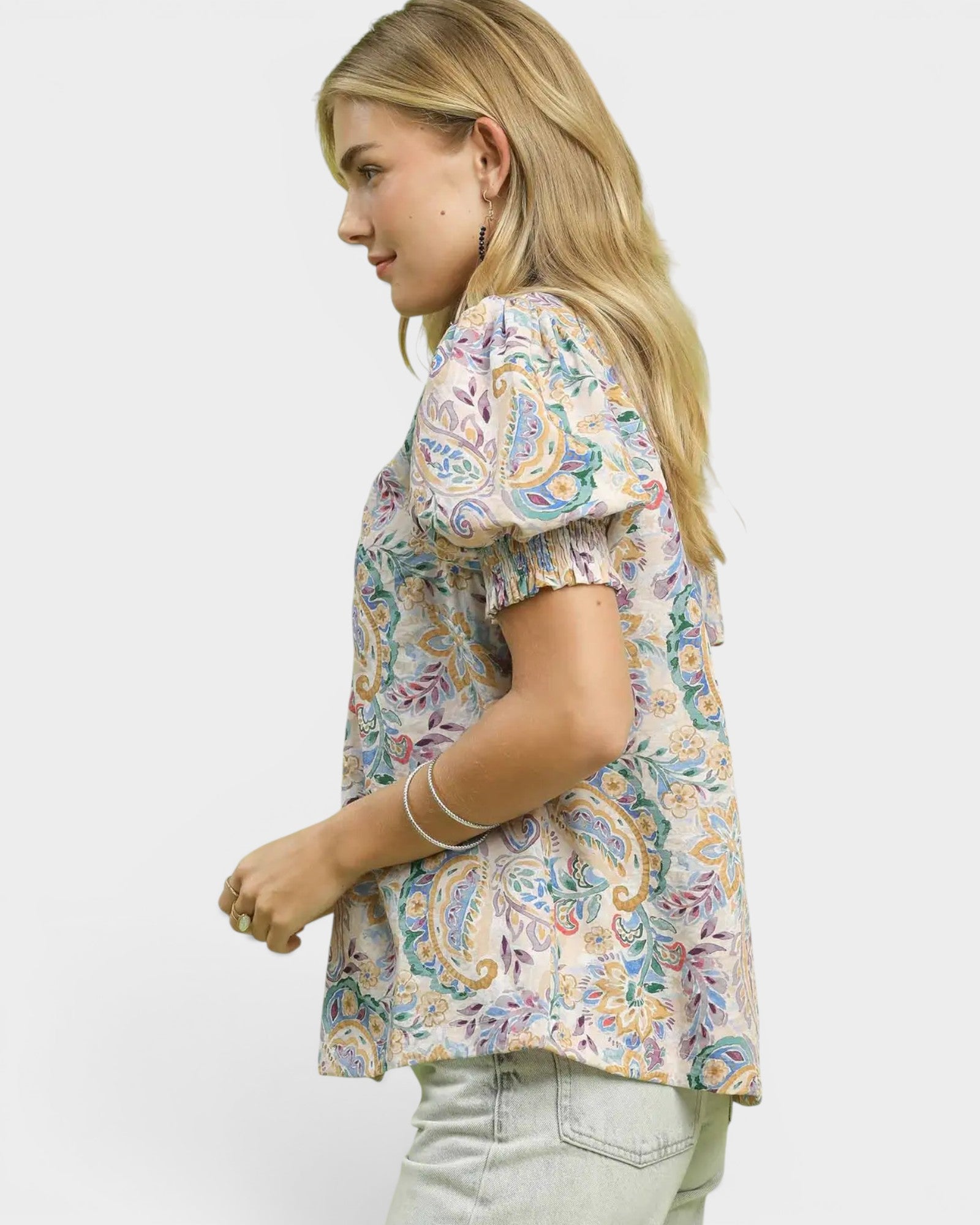Blue Paisley Puff Sleeve Blouse