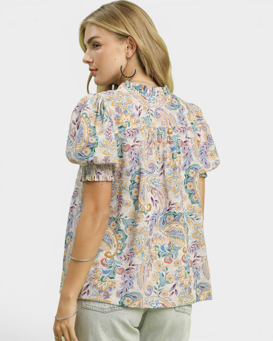Blue Paisley Puff Sleeve Blouse