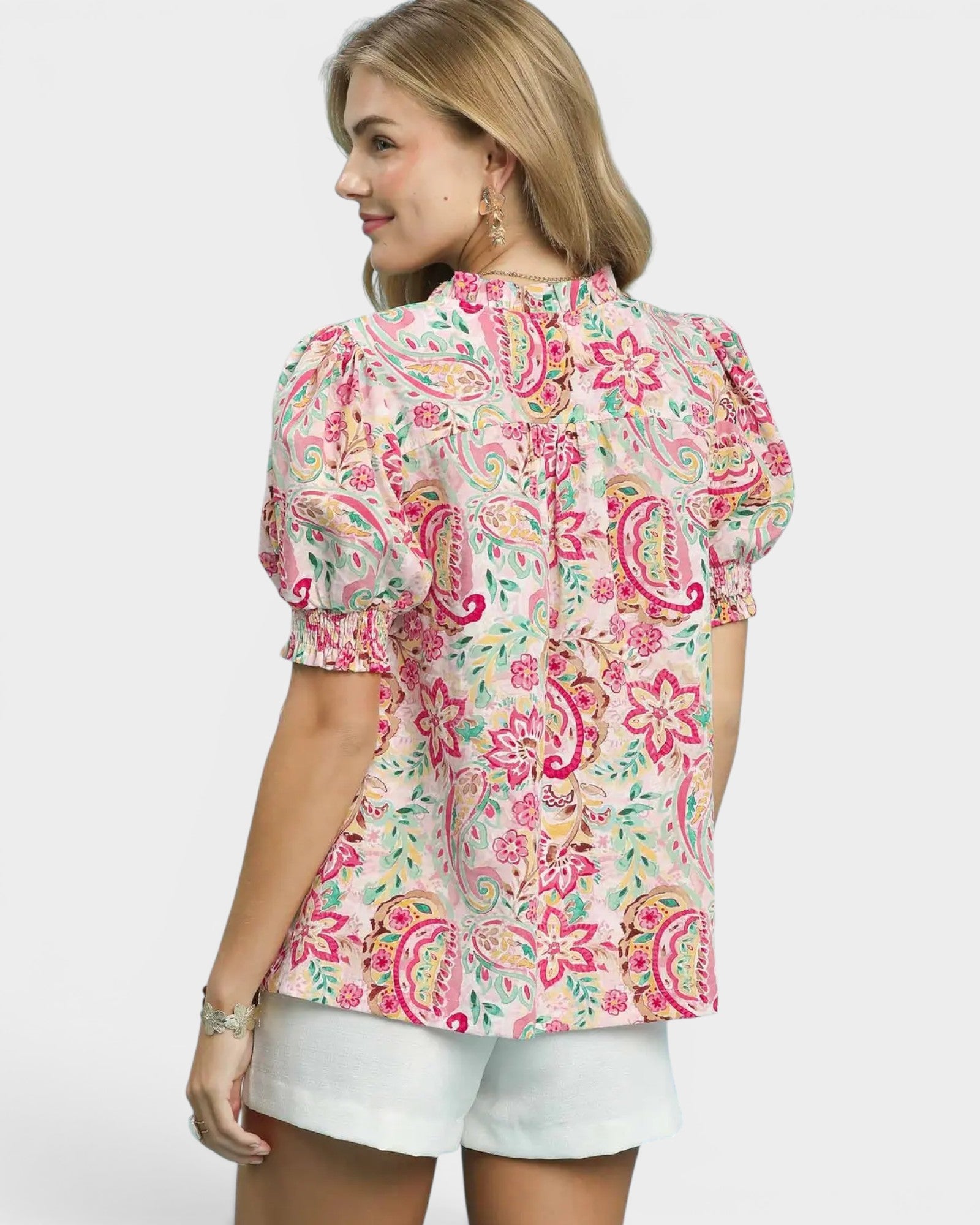 Pink Paisley Puff Sleeve Blouse
