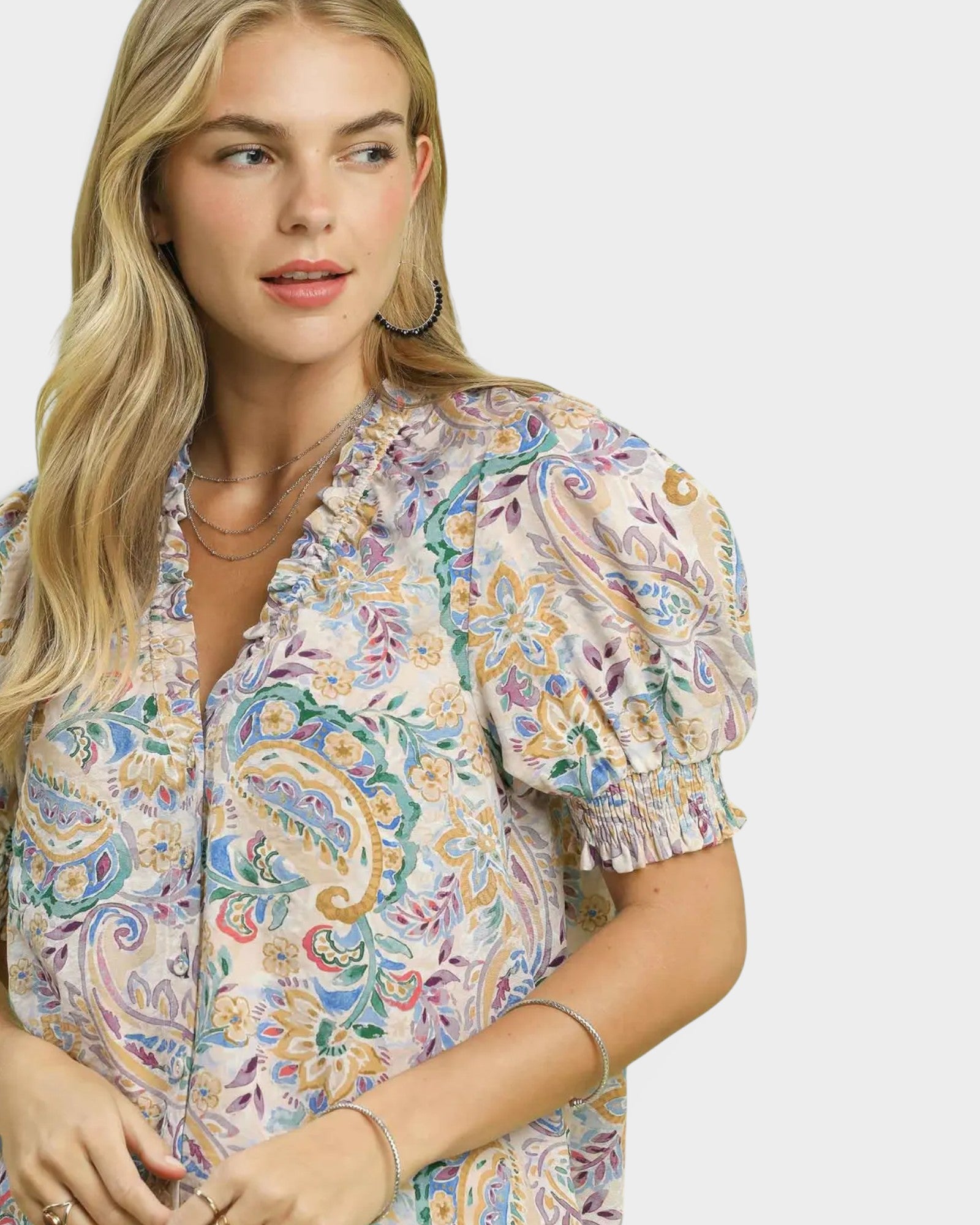 Blue Paisley Puff Sleeve Blouse