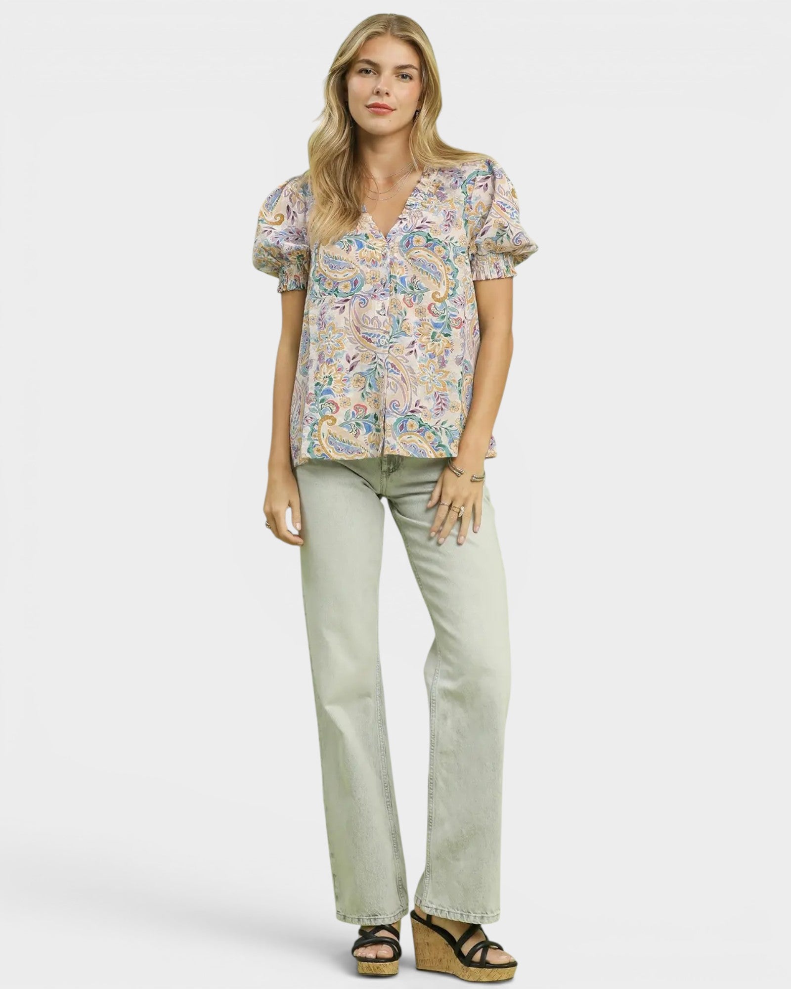 Blue Paisley Puff Sleeve Blouse