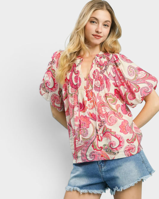 Pink Paisley Puff Sleeve Blouse