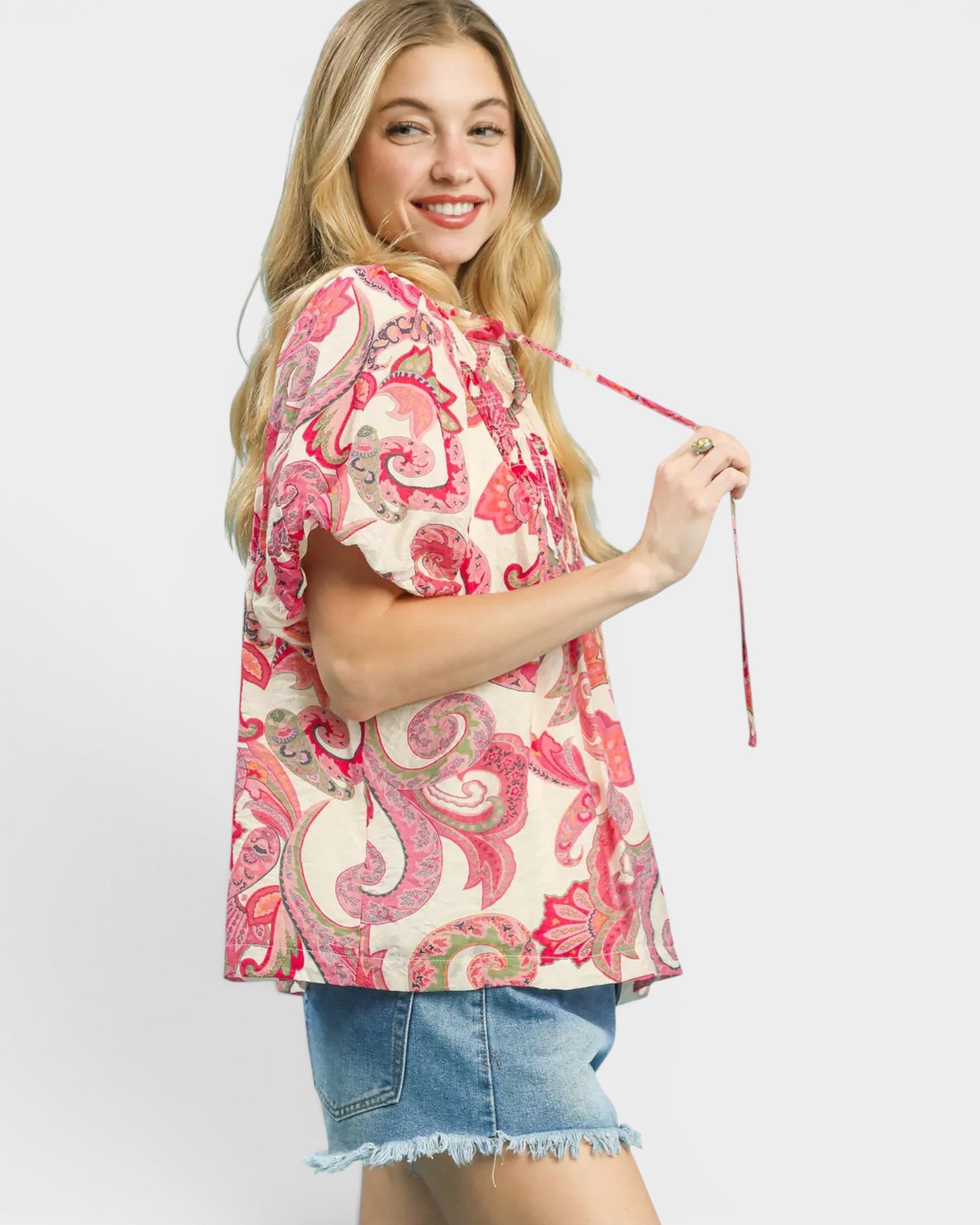 Pink Paisley Puff Sleeve Blouse
